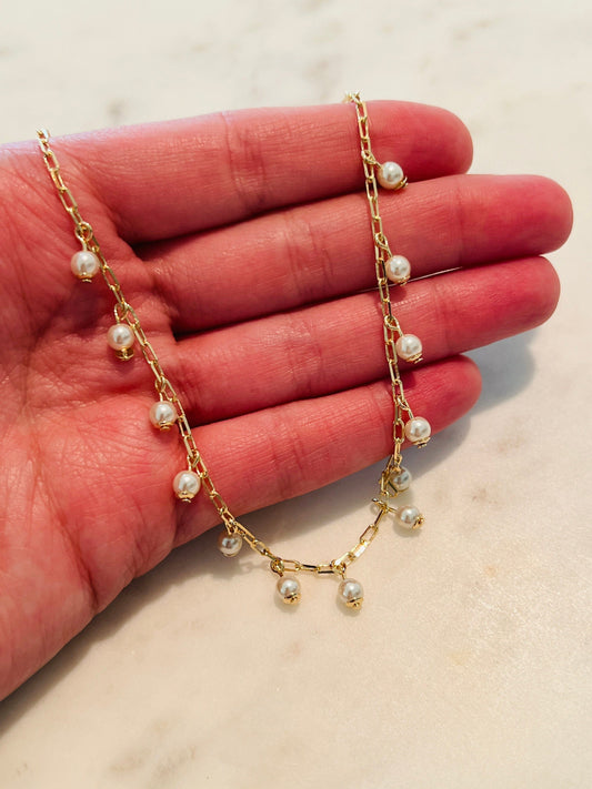 18KT Gold Filled Necklaces, Gold Filled Dangling Pearl Necklace | 2mm Dainty Accent by HAUS OF MONOGRAM