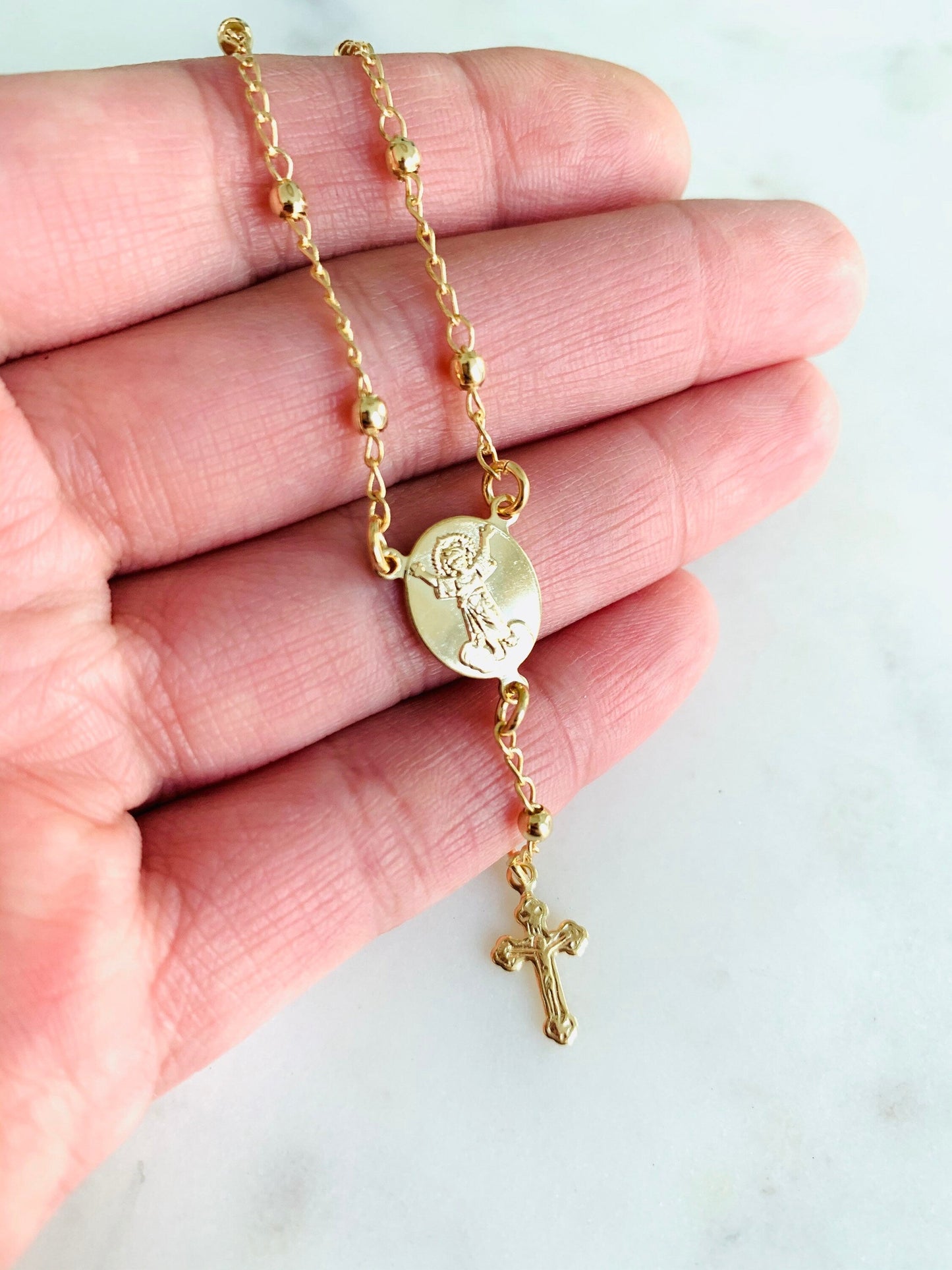18KT Gold Filled Bracelets, Gold Filled Divine Child Rosary Bracelet | 7.75" Faith Charm by HAUS OF MONOGRAM