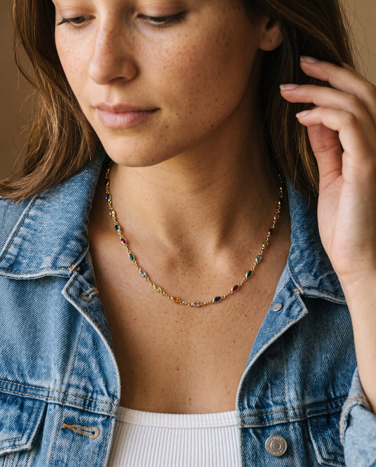 Gold Filled Oval Gemstone Necklace worn by a model