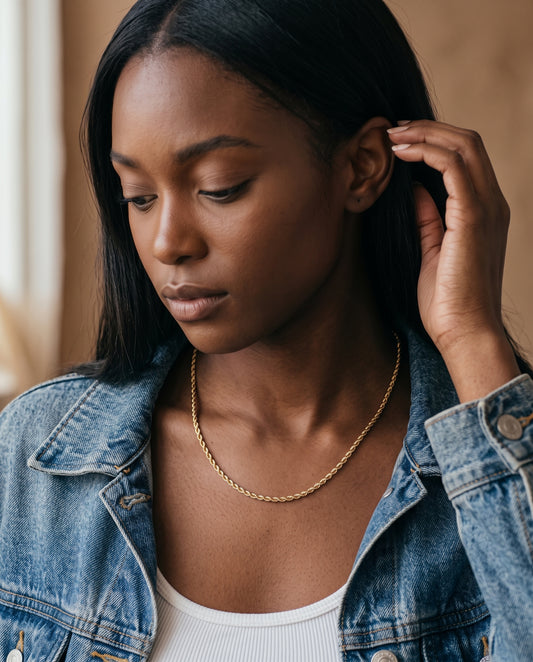 Gold Filled Rope Necklace worn by a model
