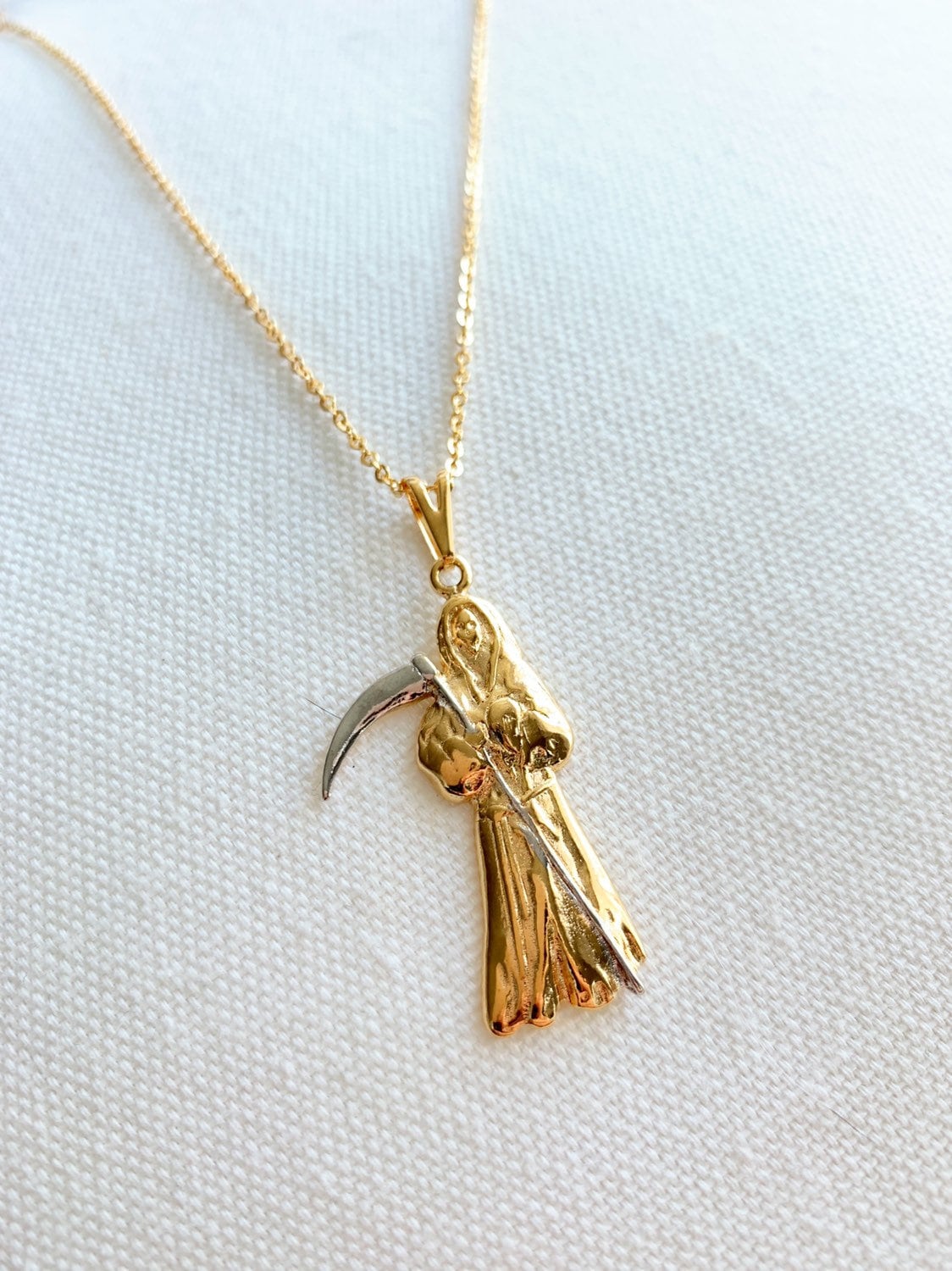 Gold Filled Santa Muerte Necklace | Bold Spiritual Medal Pendant by HAUS OF MONOGRAM - Necklaces, 16",