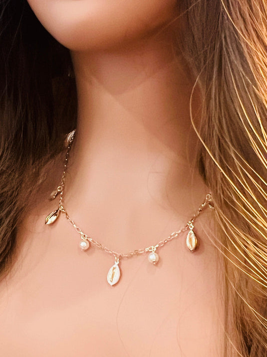 Gold Filled Cowrie Shell Necklace | Beachy Charm Layer Piece