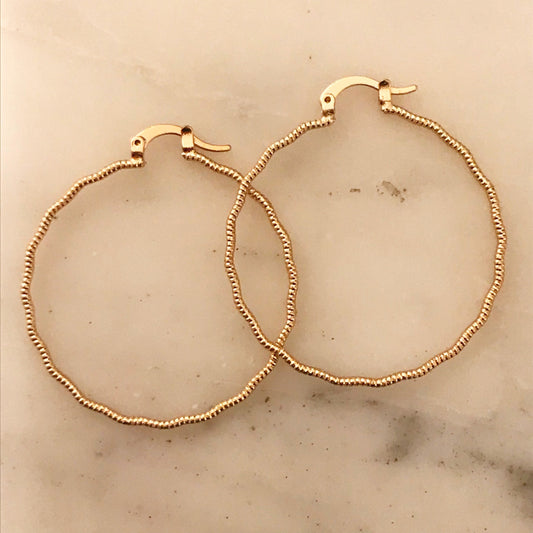 Gold Filled Ridged Hoop Earrings | 40mm Hoops | Textured Shine