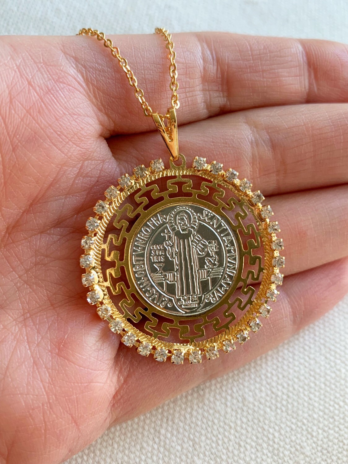 Gold Filled Saint Benedict Necklace | Two Tone CZ Pendant