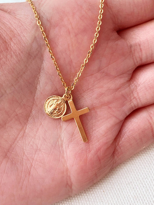 Gold Filled Cross & Saint Benedict Necklace | 18kt Shine