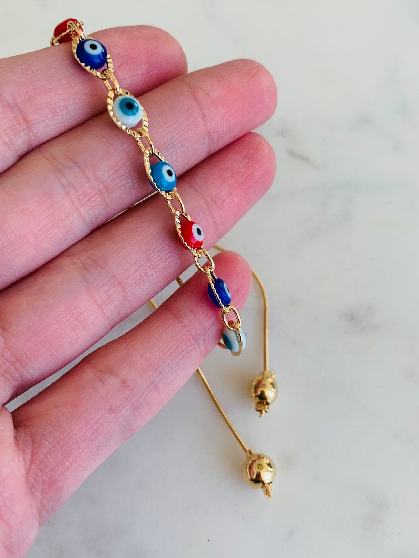 Gold Filled Evil Eye Bracelet | Adjustable Dainty Charm