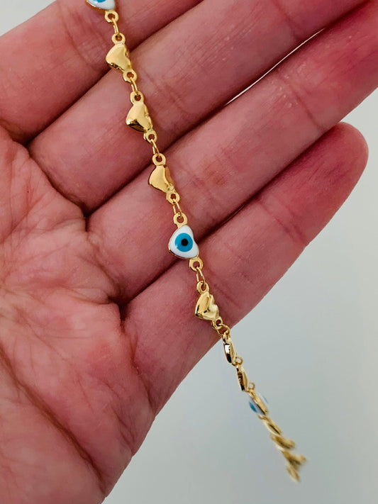 Gold Filled Heart Evil Eye Anklet | Symbolic Style for Everyday Protection