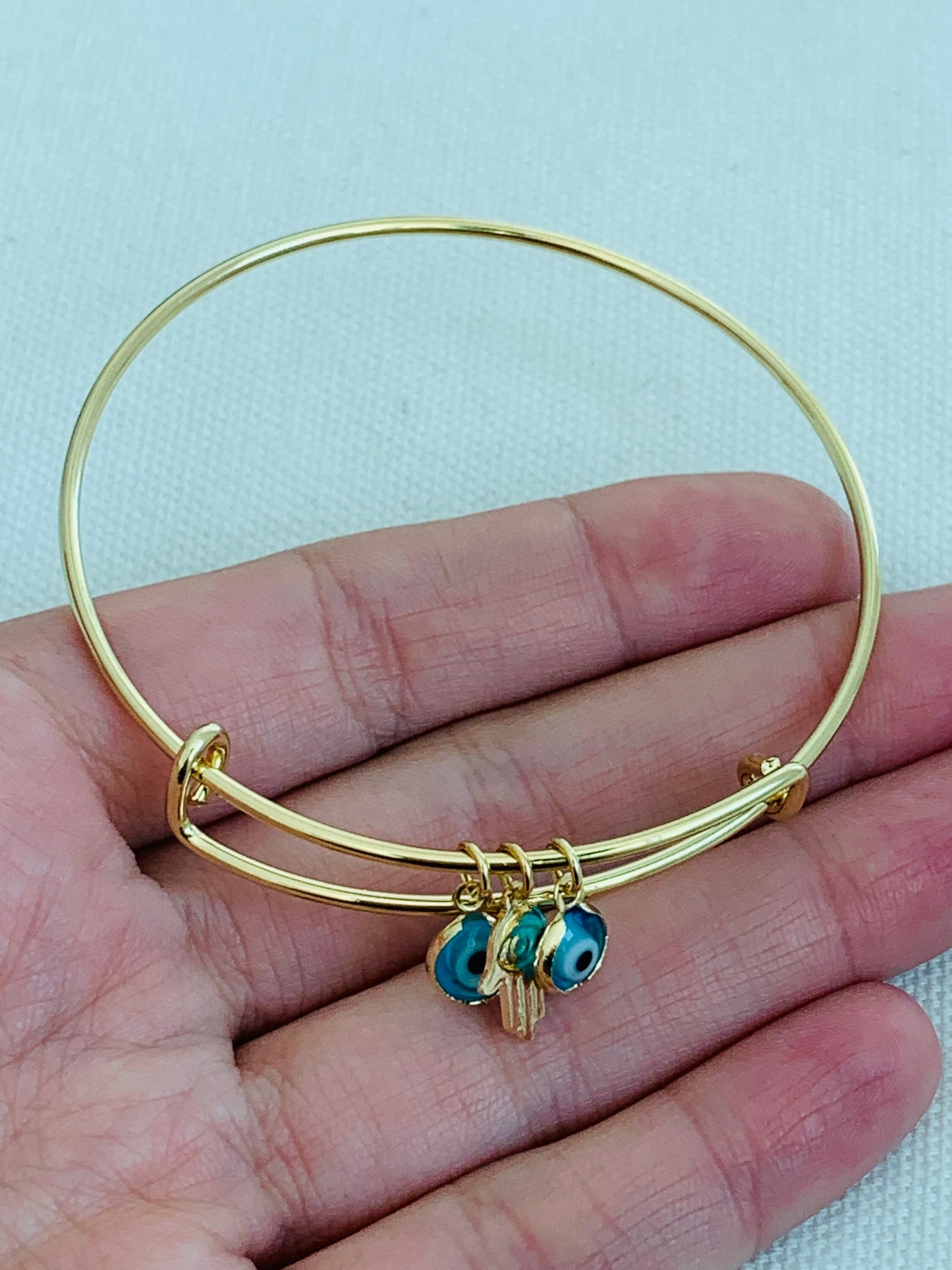 Gold Filled Dangling Evil Eye & Hamsa Bangle | Spiritual Protection Jewelry