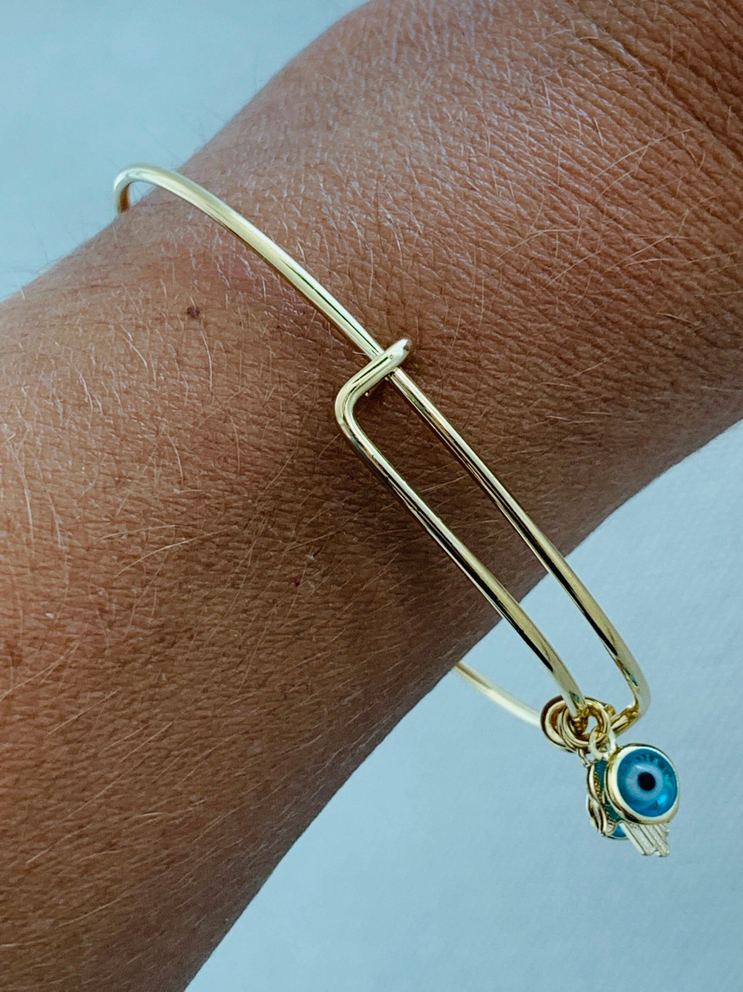 Gold Filled Dangling Evil Eye & Hamsa Bangle | Spiritual Protection Jewelry