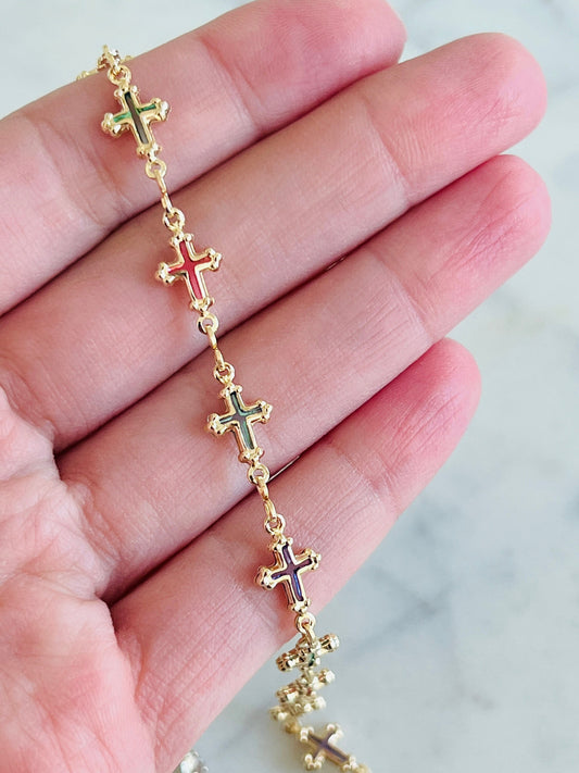 Gold Filled Anklet | Gemstone Cross Charm | 10" | 7mm Width