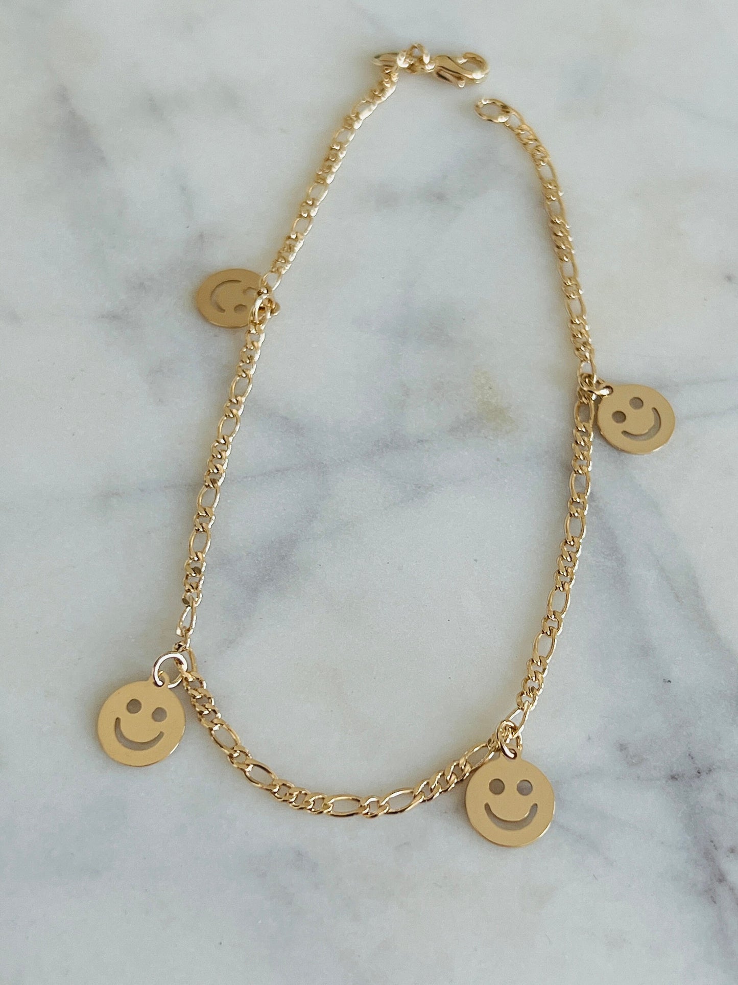 Gold Filled Smiley Figaro Bracelet | Trendy Gold Charm Jewelry