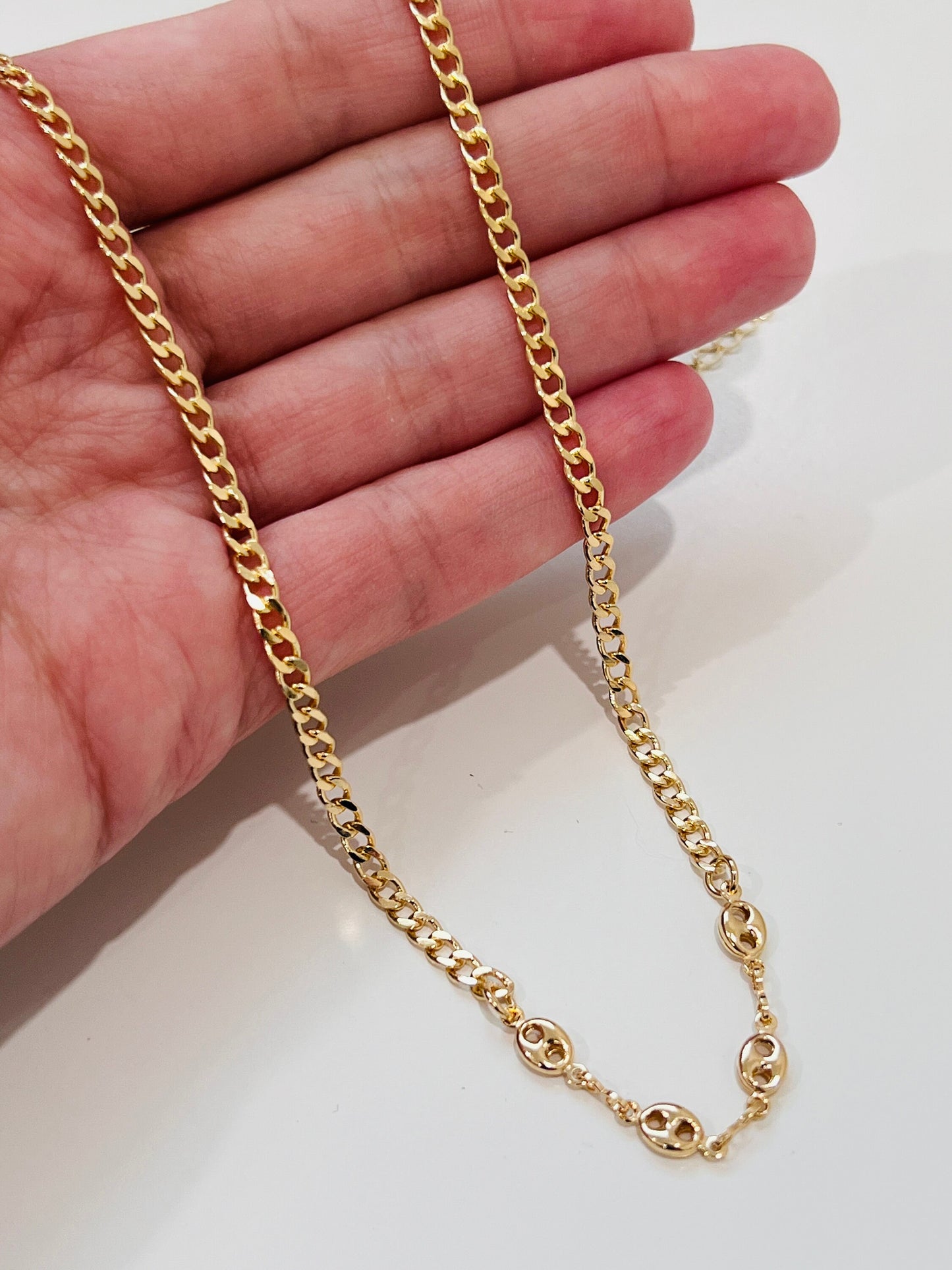 Gold Filled Curb Chain Necklace | 16" + 2" Puff Accent Layering Chain
