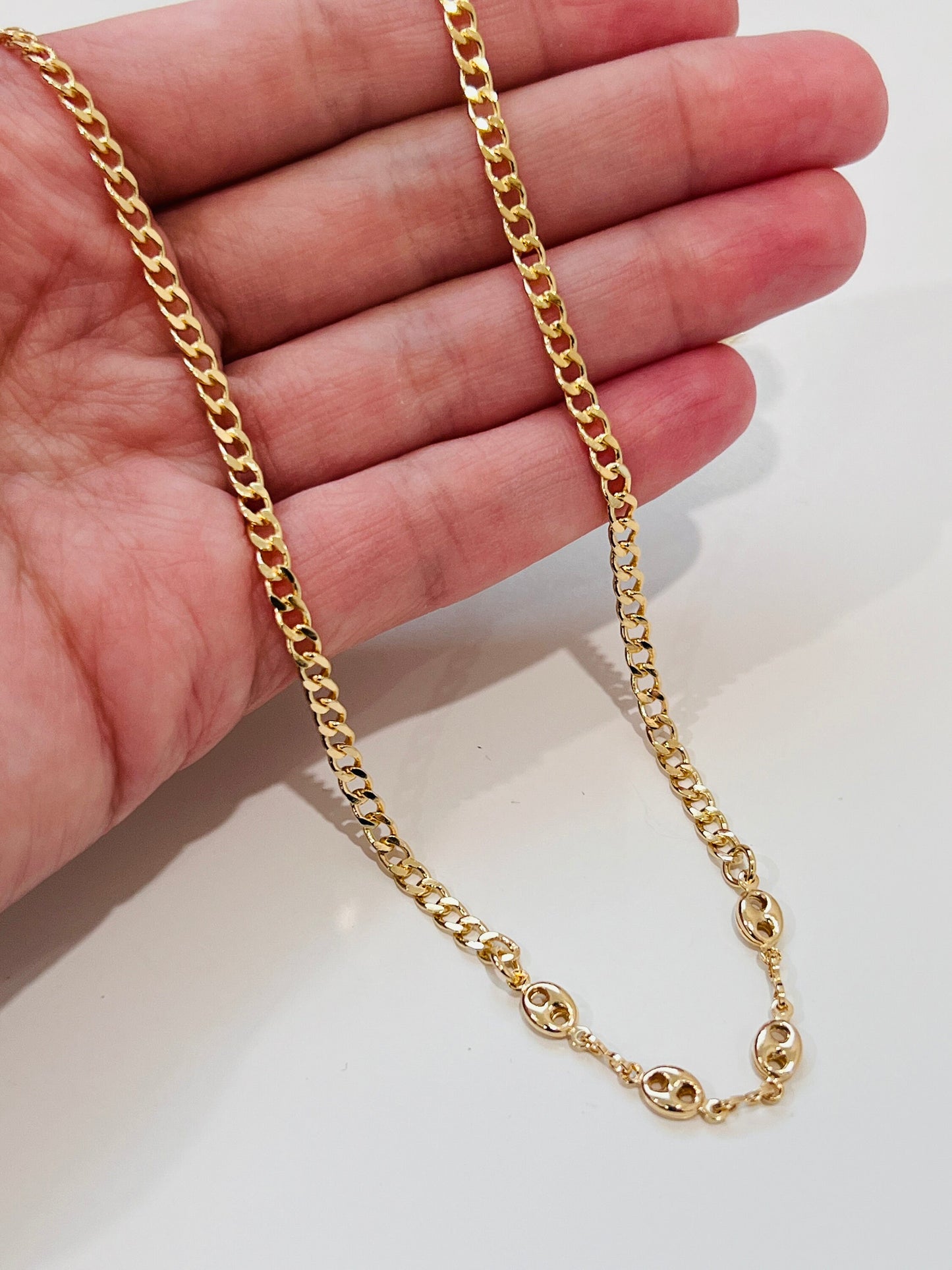 Gold Filled Curb Chain Necklace | 16" + 2" Puff Accent Layering Chain