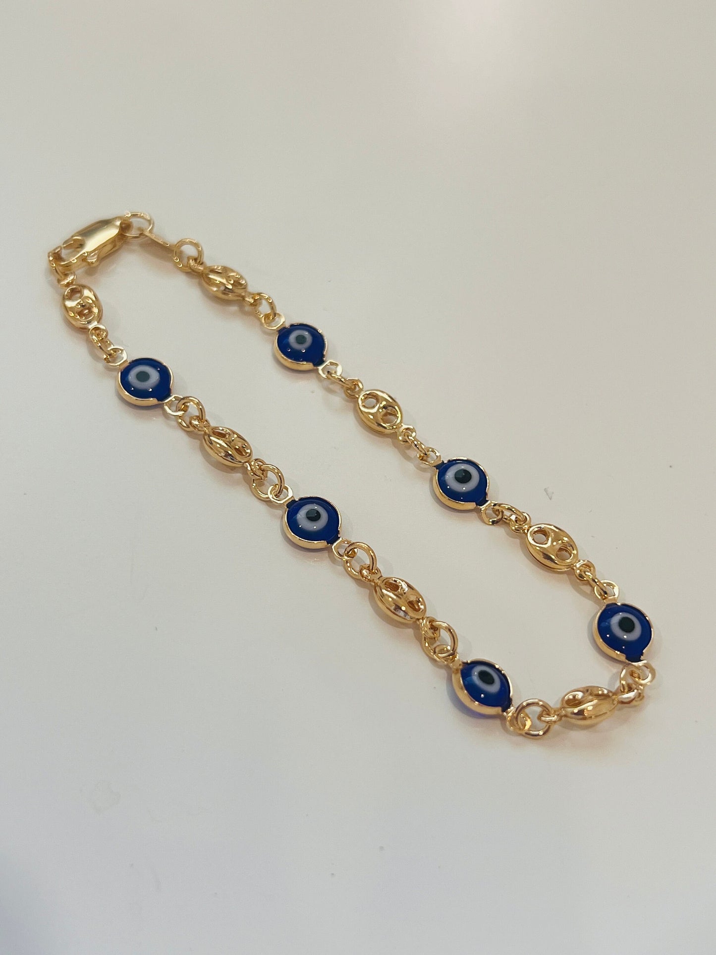 Gold Filled Puff Bracelet | Evil Eye Accent | 7" to 7.5"
