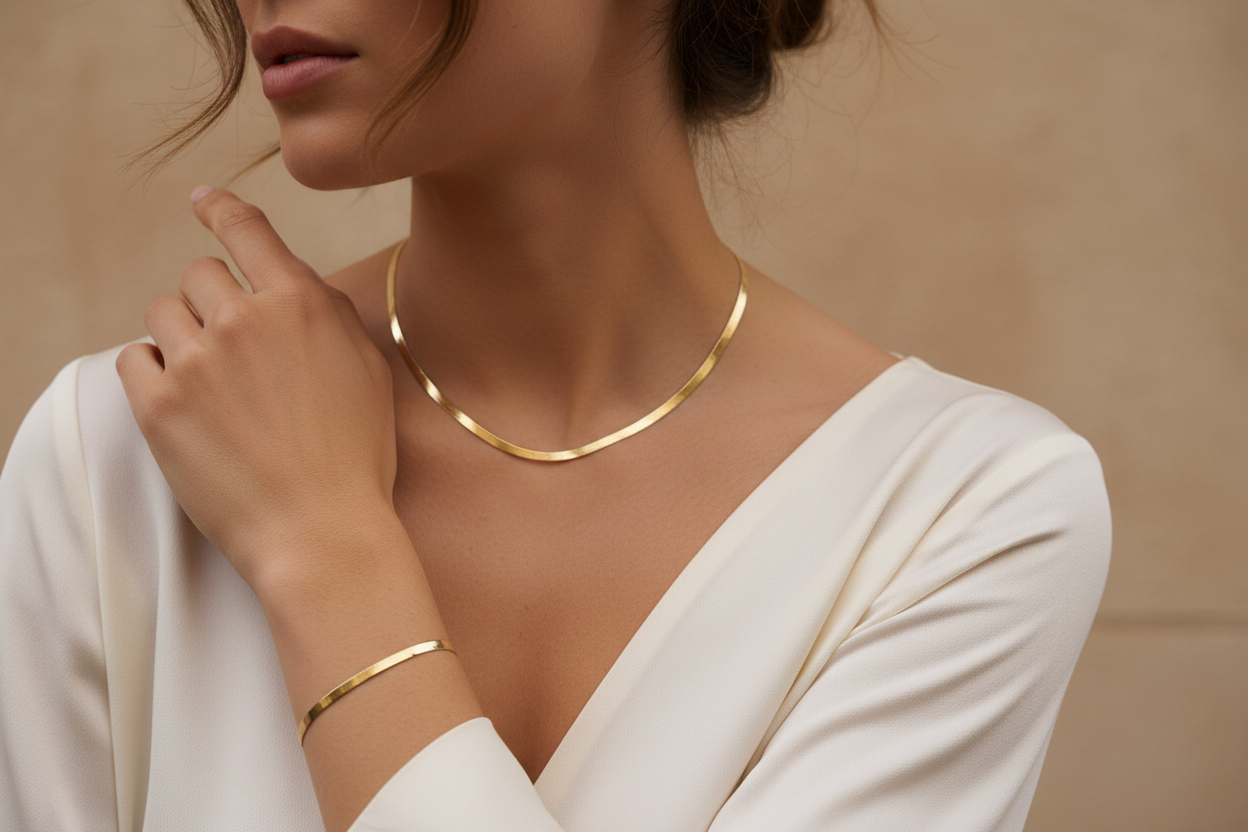Gold Filled 3mm Herringbone Set | Necklace & Bracelet Bundle