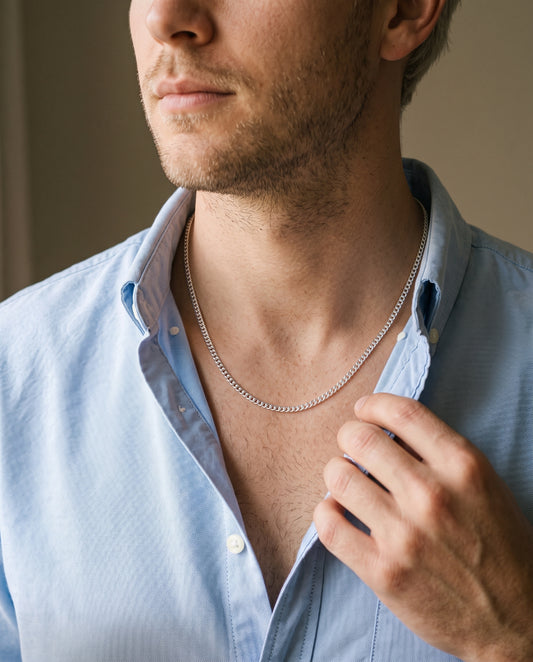 Sterling Silver 1.2mm Curb Chain worn by a model