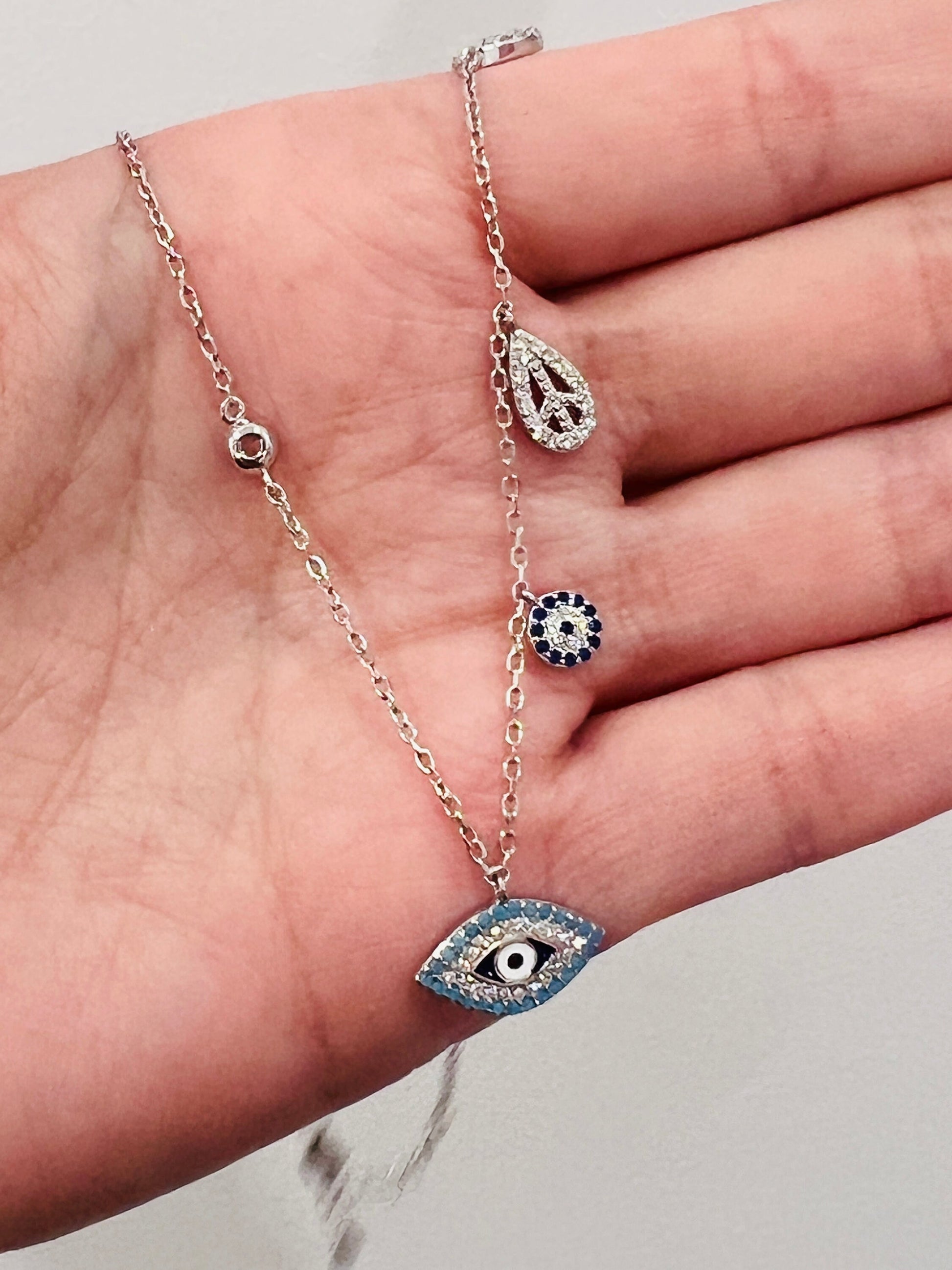 Women's Chain, Sterling Silver Charm Necklace, Evil Eye Charm Necklace, Layering necklace, Dainty Necklace, Silver Chain with Charms, Silver