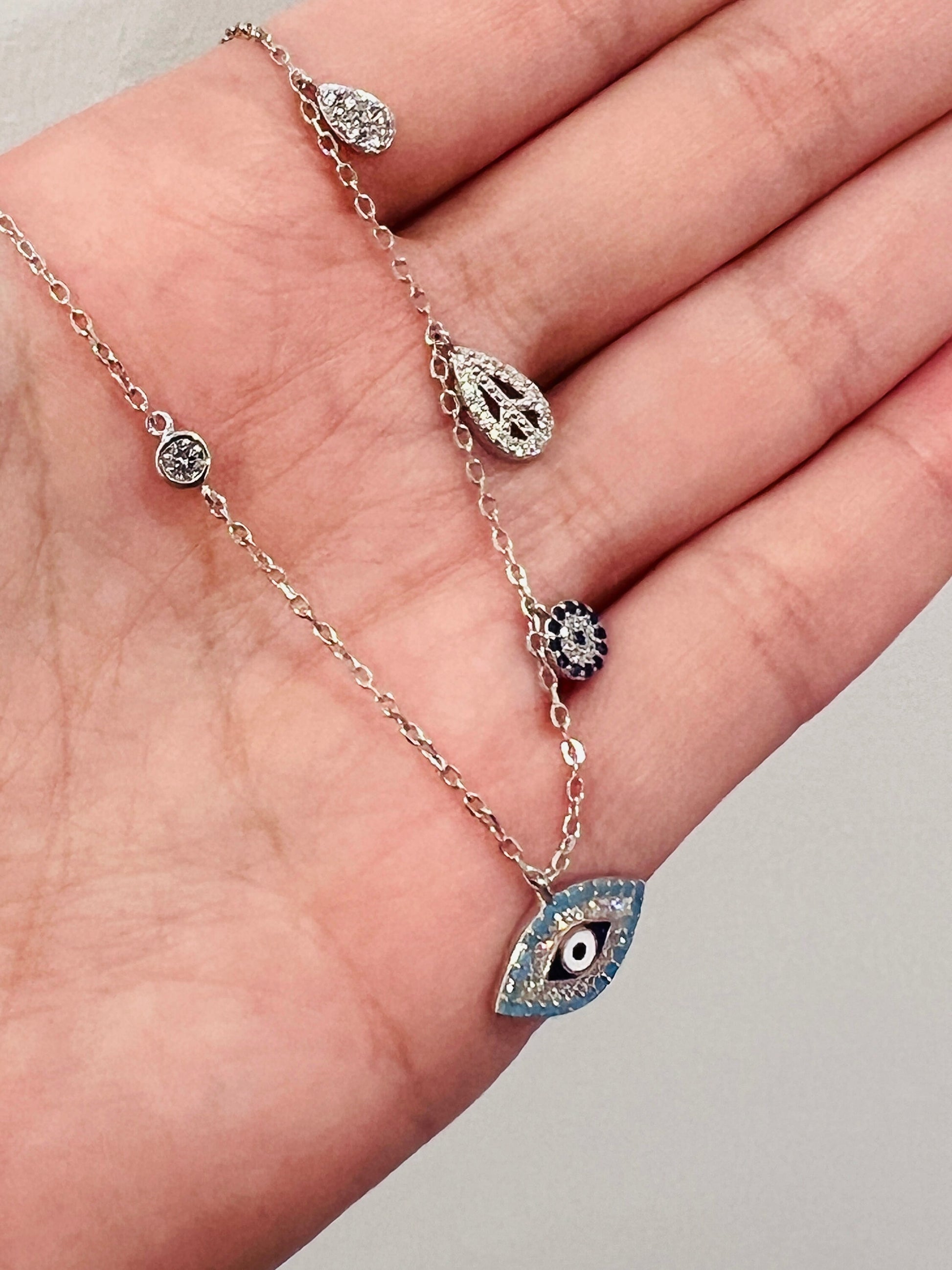 Women's Chain, Sterling Silver Charm Necklace, Evil Eye Charm Necklace, Layering necklace, Dainty Necklace, Silver Chain with Charms, Silver