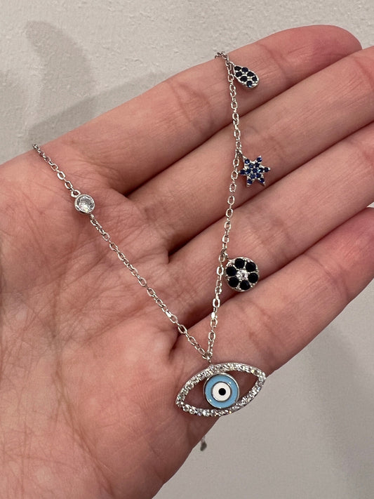 Women's Chain, Sterling Silver Charm Necklace, Evil Eye Charm Necklace, Layering necklace, Dainty Necklace, Silver Chain with Charms, Silver