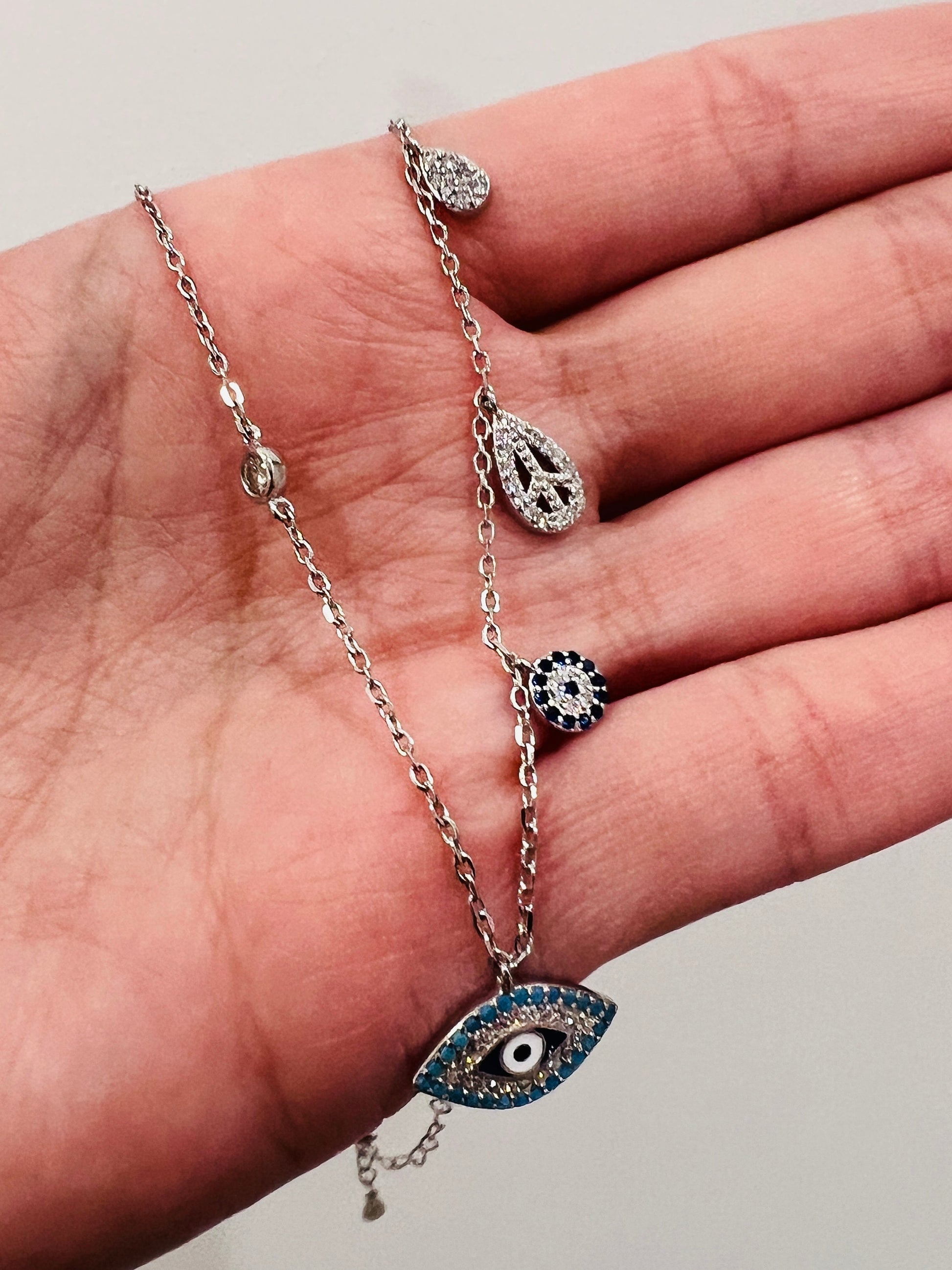 Women's Chain, Sterling Silver Charm Necklace, Evil Eye Charm Necklace, Layering necklace, Dainty Necklace, Silver Chain with Charms, Silver
