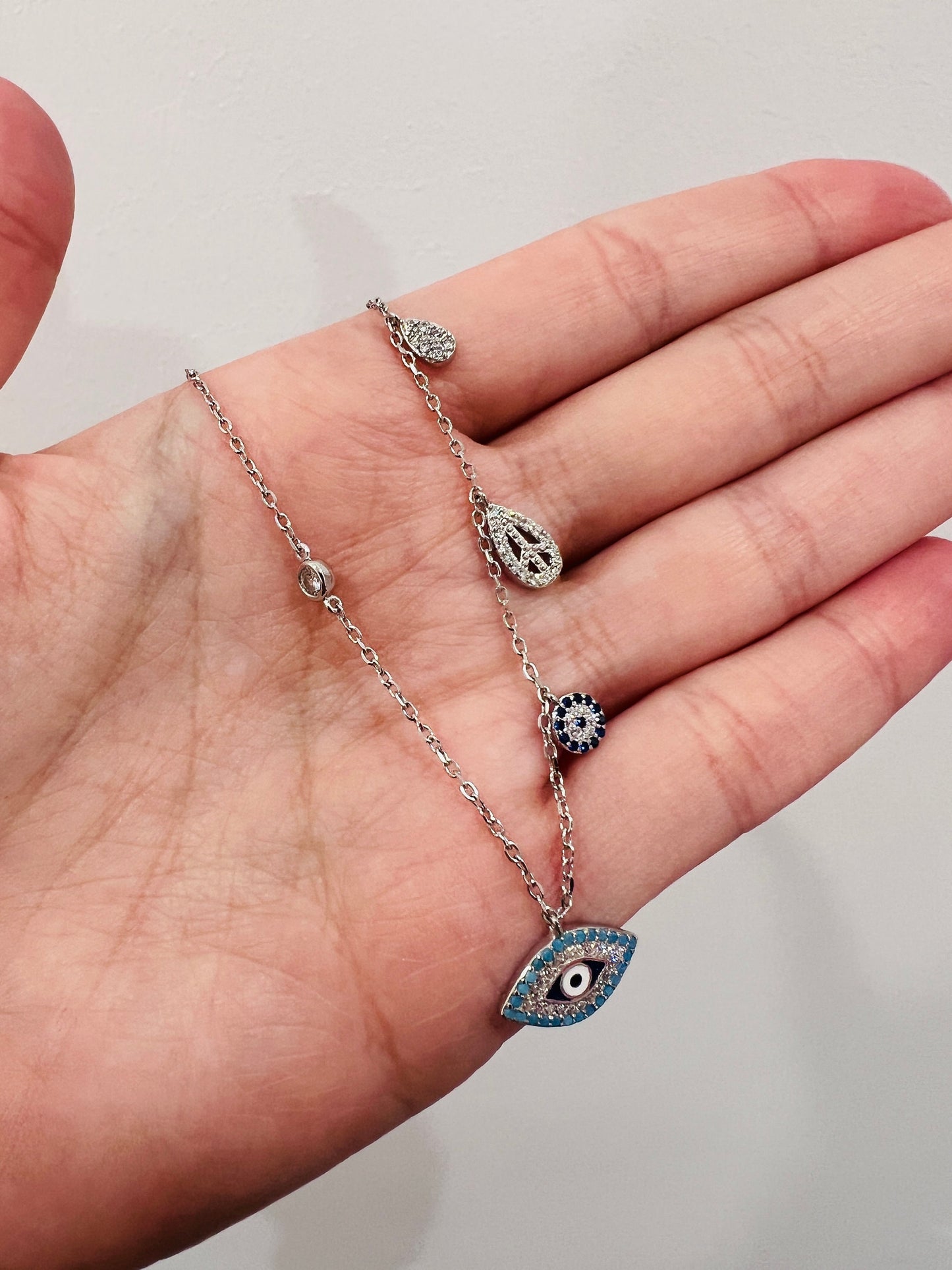 Women's Chain, Sterling Silver Charm Necklace, Evil Eye Charm Necklace, Layering necklace, Dainty Necklace, Silver Chain with Charms, Silver