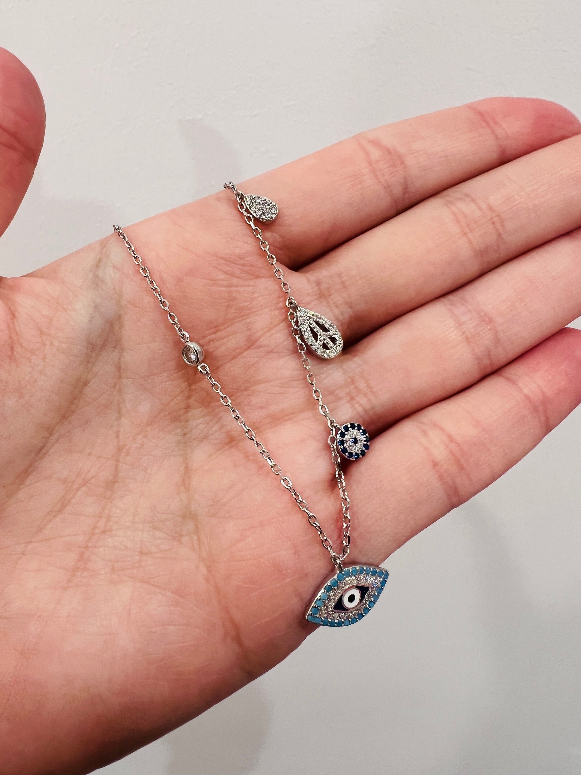 Women's Chain, Sterling Silver Charm Necklace, Evil Eye Charm Necklace, Layering necklace, Dainty Necklace, Silver Chain with Charms, Silver