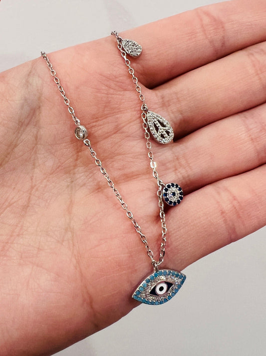 Women's Chain, Sterling Silver Charm Necklace, Evil Eye Charm Necklace, Layering necklace, Dainty Necklace, Silver Chain with Charms, Silver