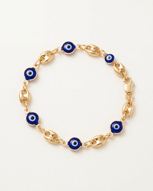 18KT Gold Filled Bracelets, Gold Filled Puff Bracelet | Evil Eye Accent | 7" to 7.5" by HAUS OF MONOGRAM