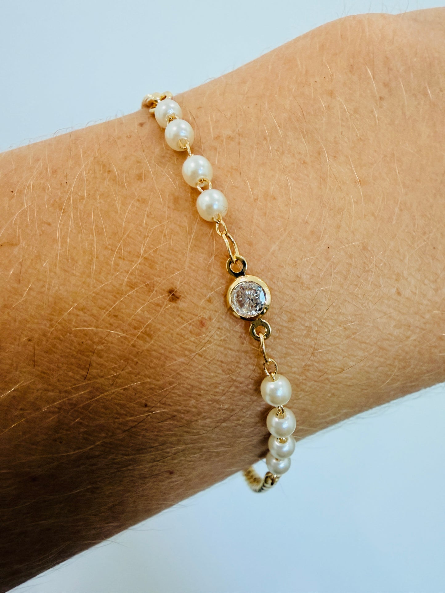 Gold Filled CZ & Pearl Curb Bracelet | 7.25” + 2” Extender