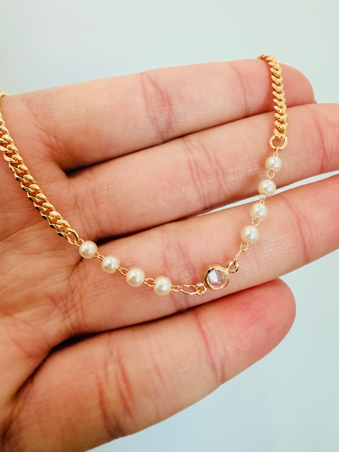 Gold Filled CZ & Pearl Curb Bracelet | 7.25” + 2” Extender