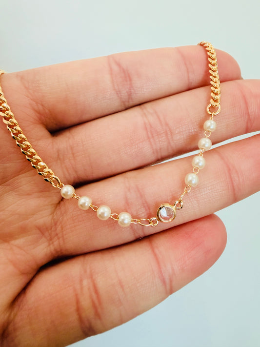 Gold Filled CZ & Pearl Curb Bracelet | 7.25” + 2” Extender