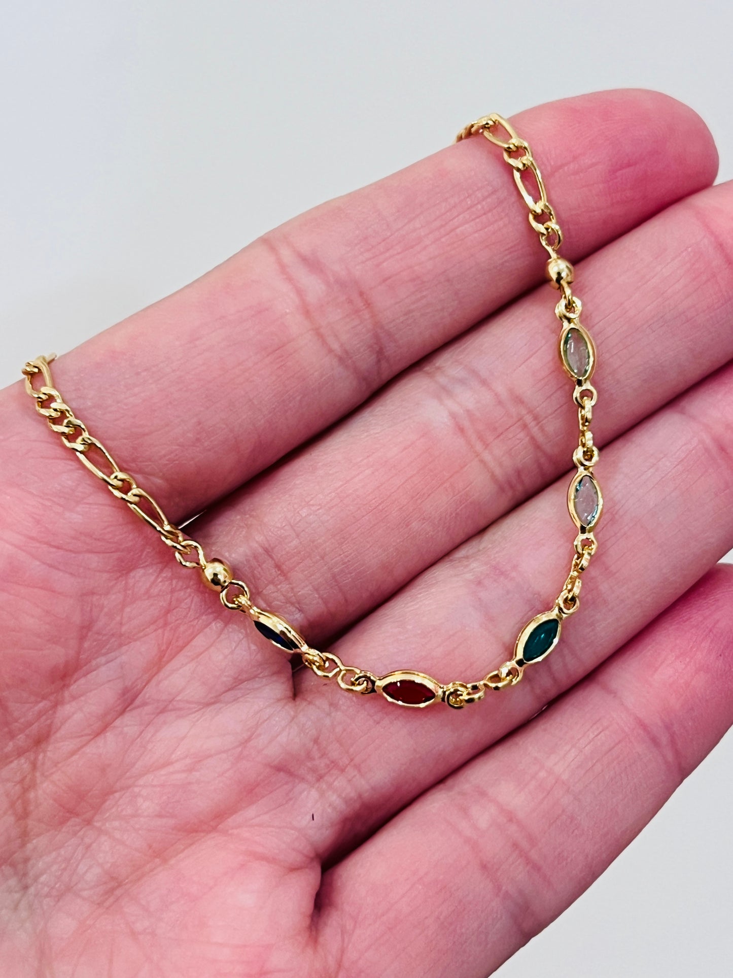 Gold Filled Gemstone Figaro Bracelet – 7" or 7.5" | 2mm Dainty Chain