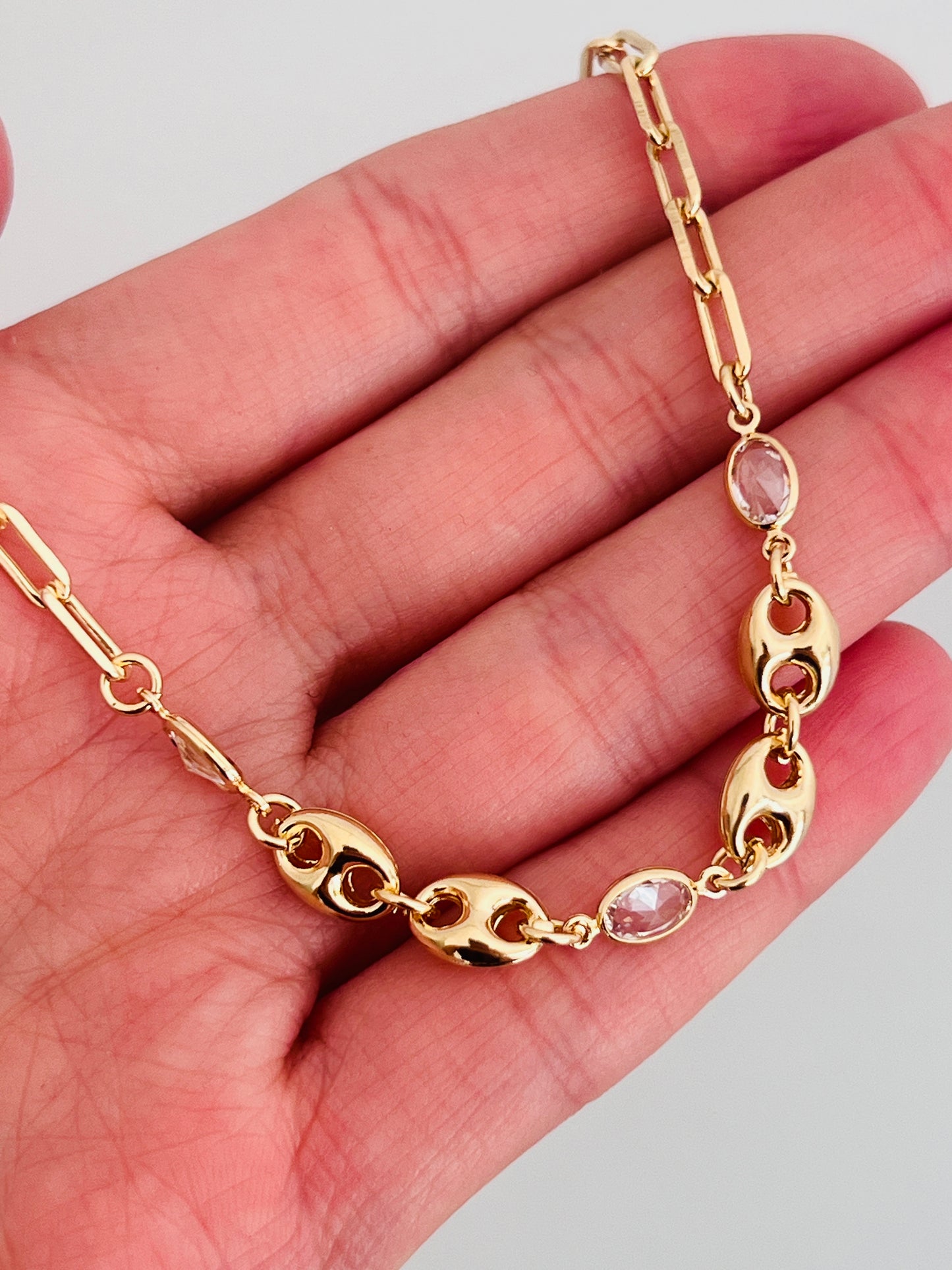 Gold Filled CZ & Puff Paperclip Bracelet | 7” + 2” Extender