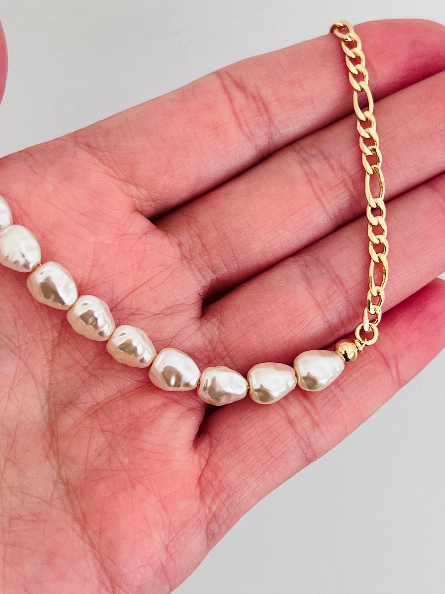 Gold Filled Pearl Figaro Bracelet | 7" to 7.5" Adjustable