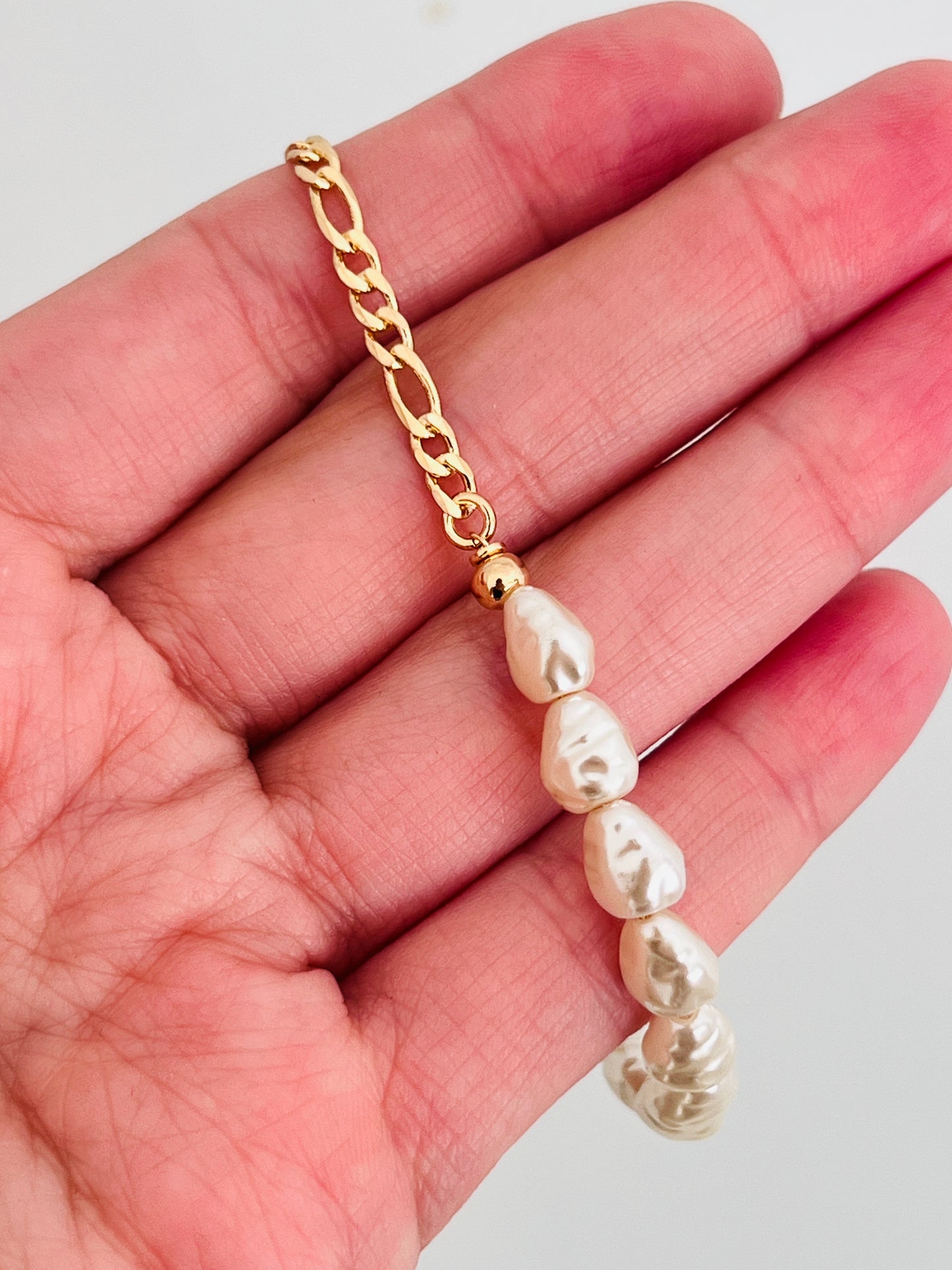Gold Filled Pearl Figaro Bracelet | 7" to 7.5" Adjustable