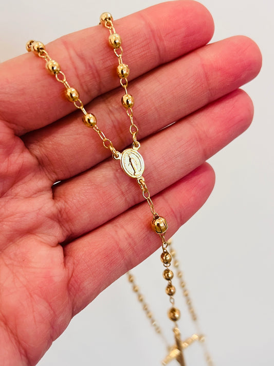 Gold Filled Virgin Mary Rosary Necklace | 24" Chain with 3mm Beads & Statement Cross