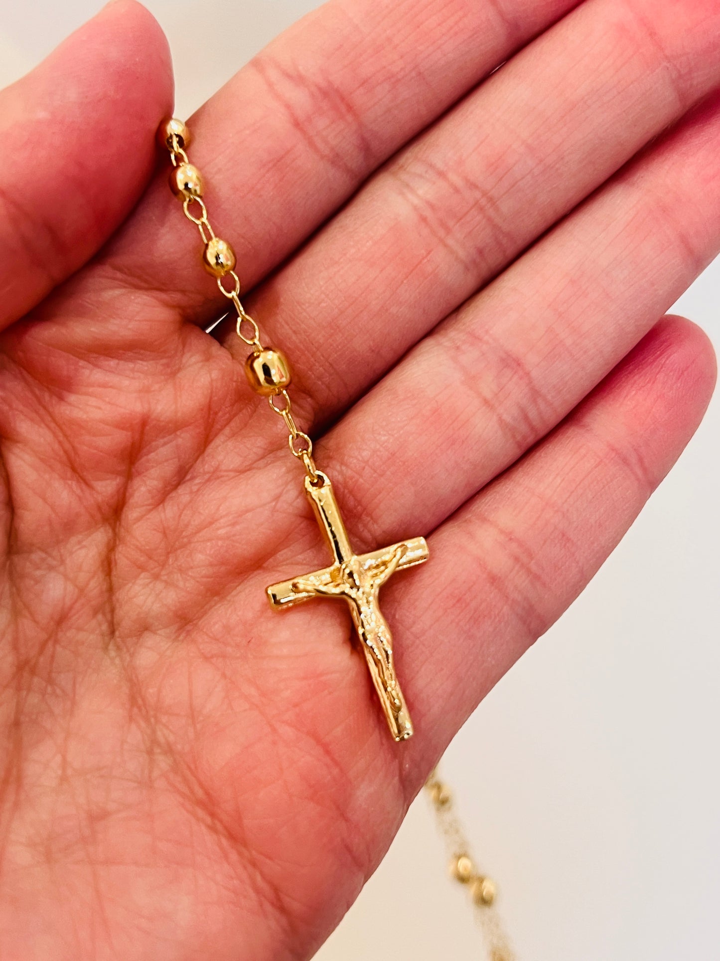 Gold Filled Virgin Mary Rosary Necklace | 24" Chain with 3mm Beads & Statement Cross