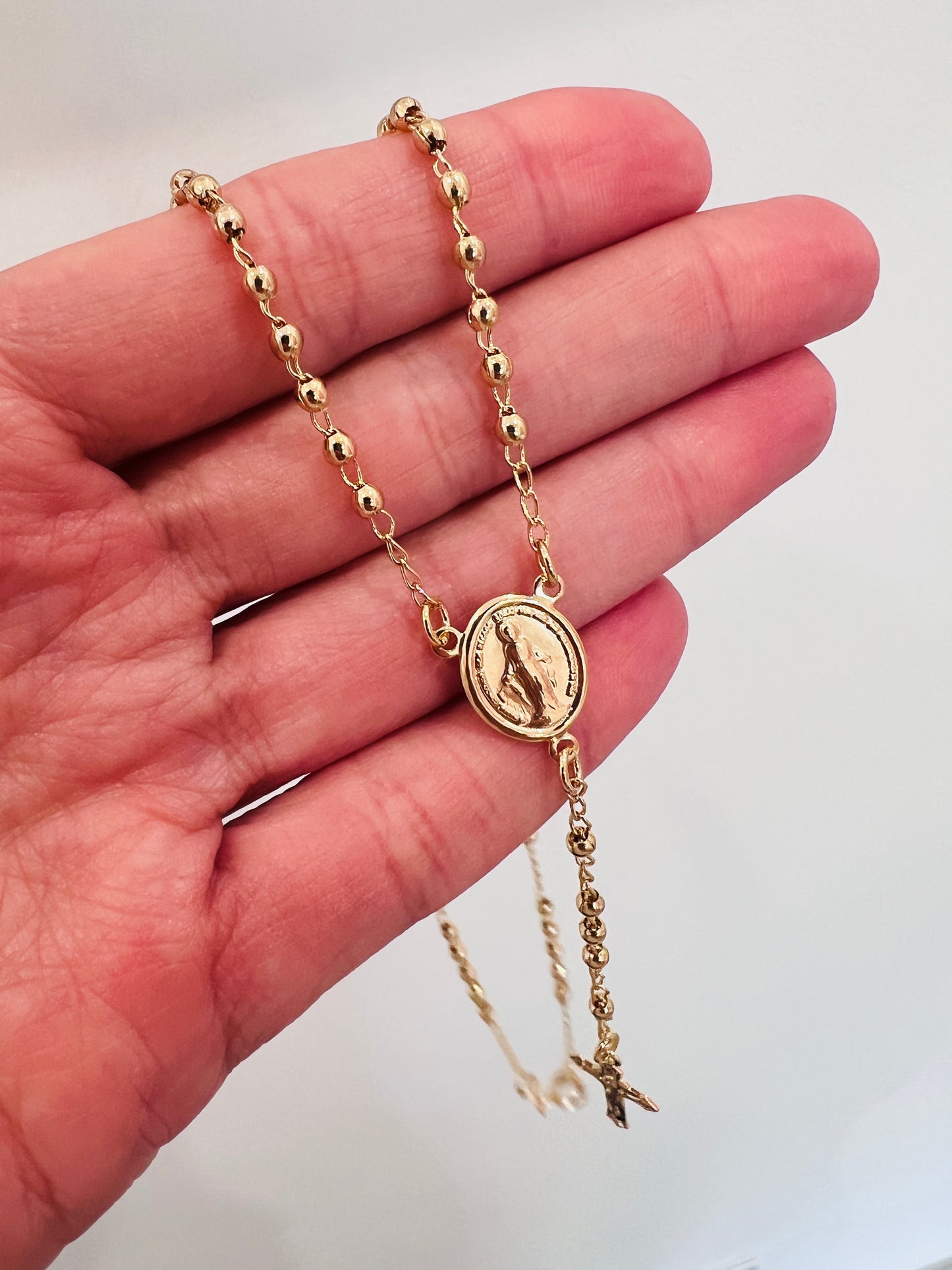 Gold Filled Virgin Mary Rosary Necklace | 16.25" with 2mm Beads & Dainty Cross