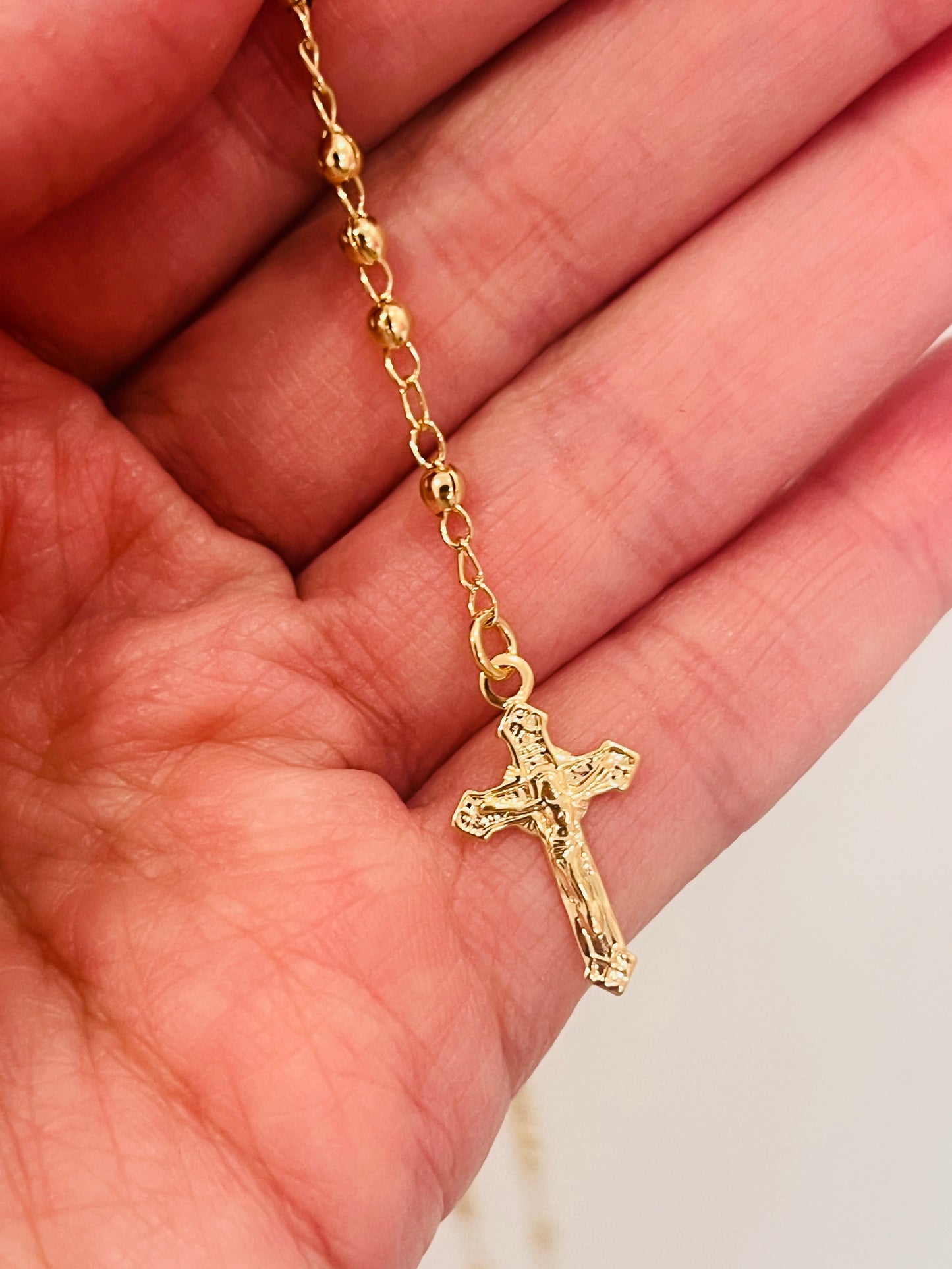Gold Filled Virgin Mary Rosary Necklace | 16.25" with 2mm Beads & Dainty Cross