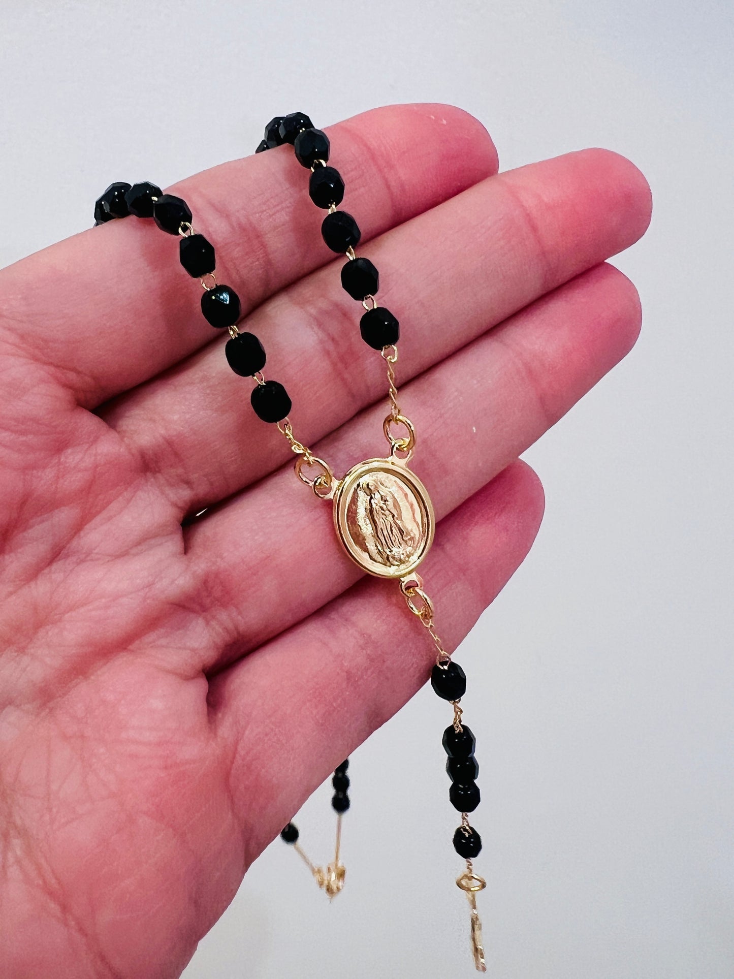 Gold Filled Black Crystal Rosary Necklace | 16.5" with Dainty Cross Pendant