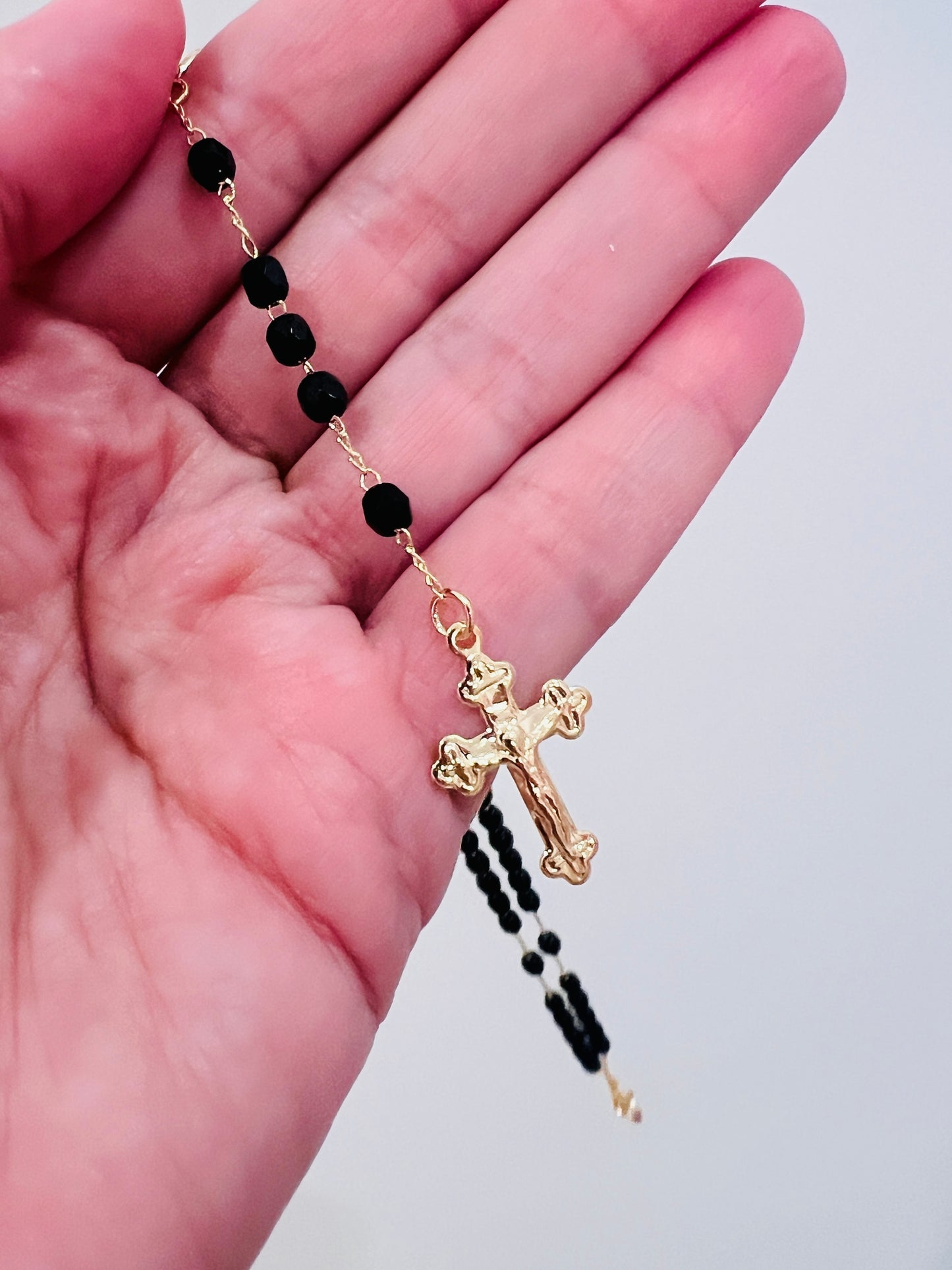 Gold Filled Black Crystal Rosary Necklace | 16.5" with Dainty Cross Pendant