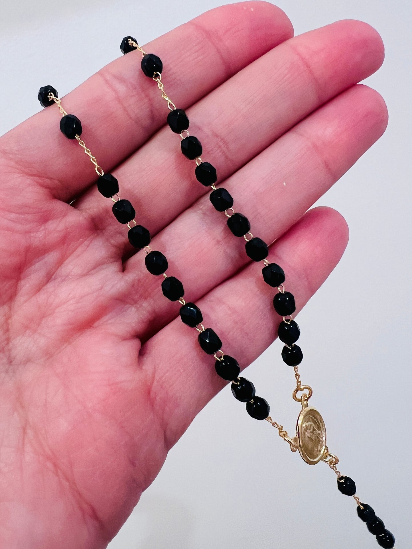 Gold Filled Black Crystal Rosary Necklace | 16.5" with Dainty Cross Pendant