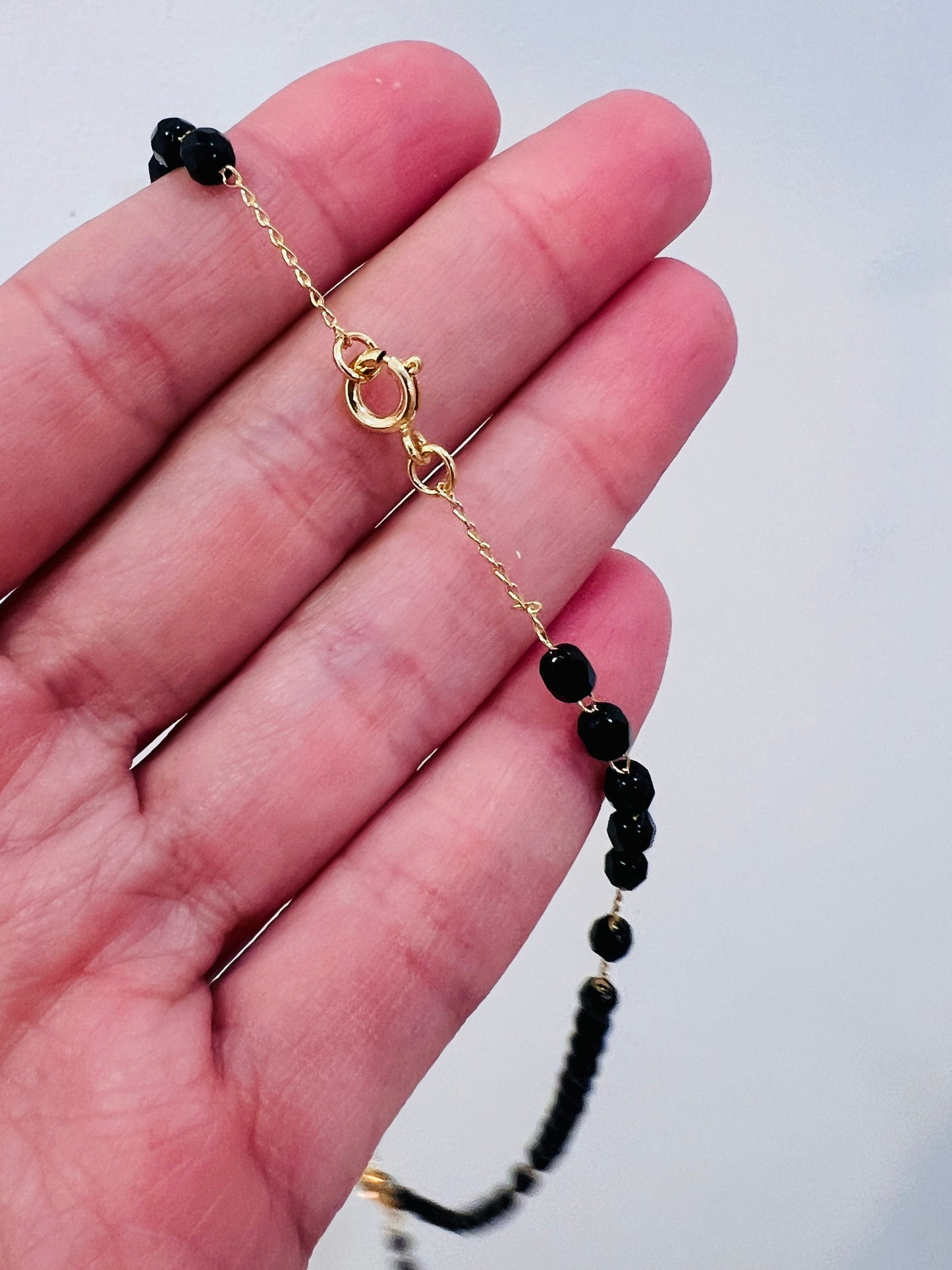 Gold Filled Black Crystal Rosary Necklace | 16.5" with Dainty Cross Pendant