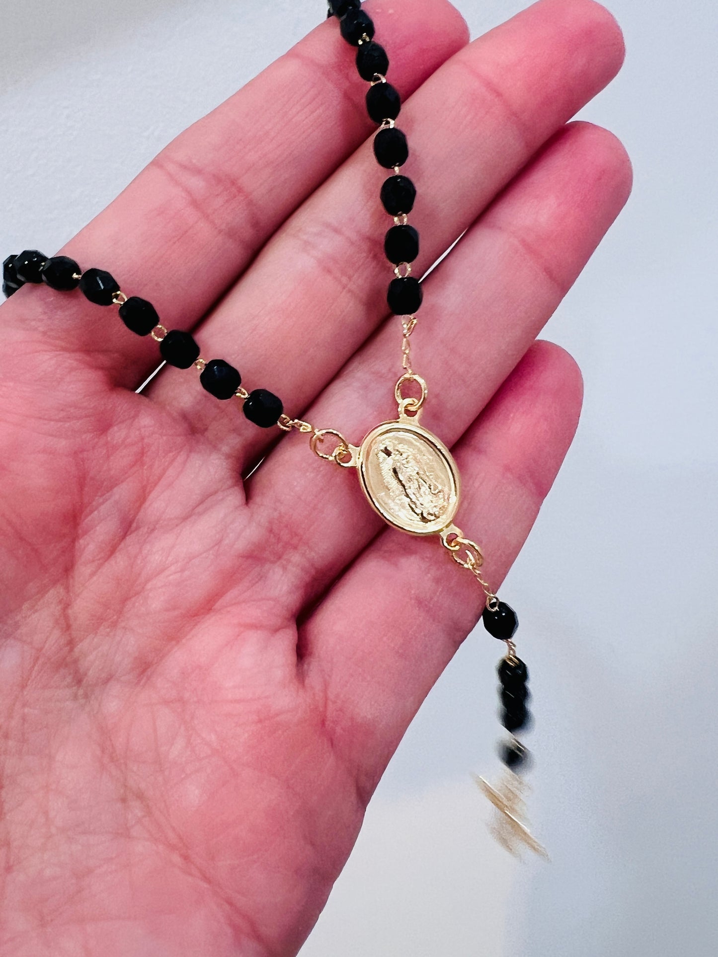 Gold Filled Black Crystal Rosary Necklace | 16.5" with Dainty Cross Pendant