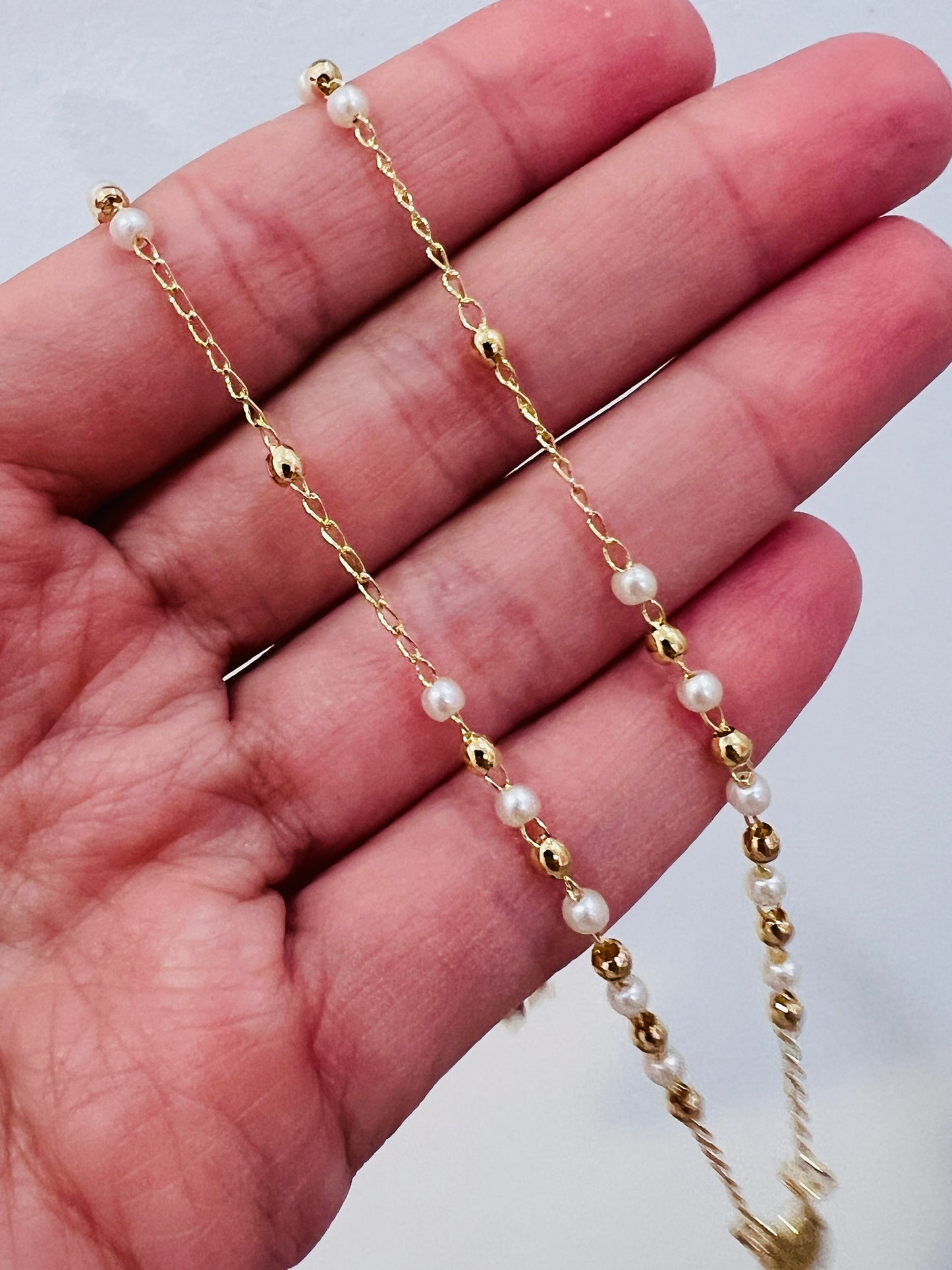 Gold Filled Pearl Rosary Necklace | 16.5" Dainty Cross Pendant Chain