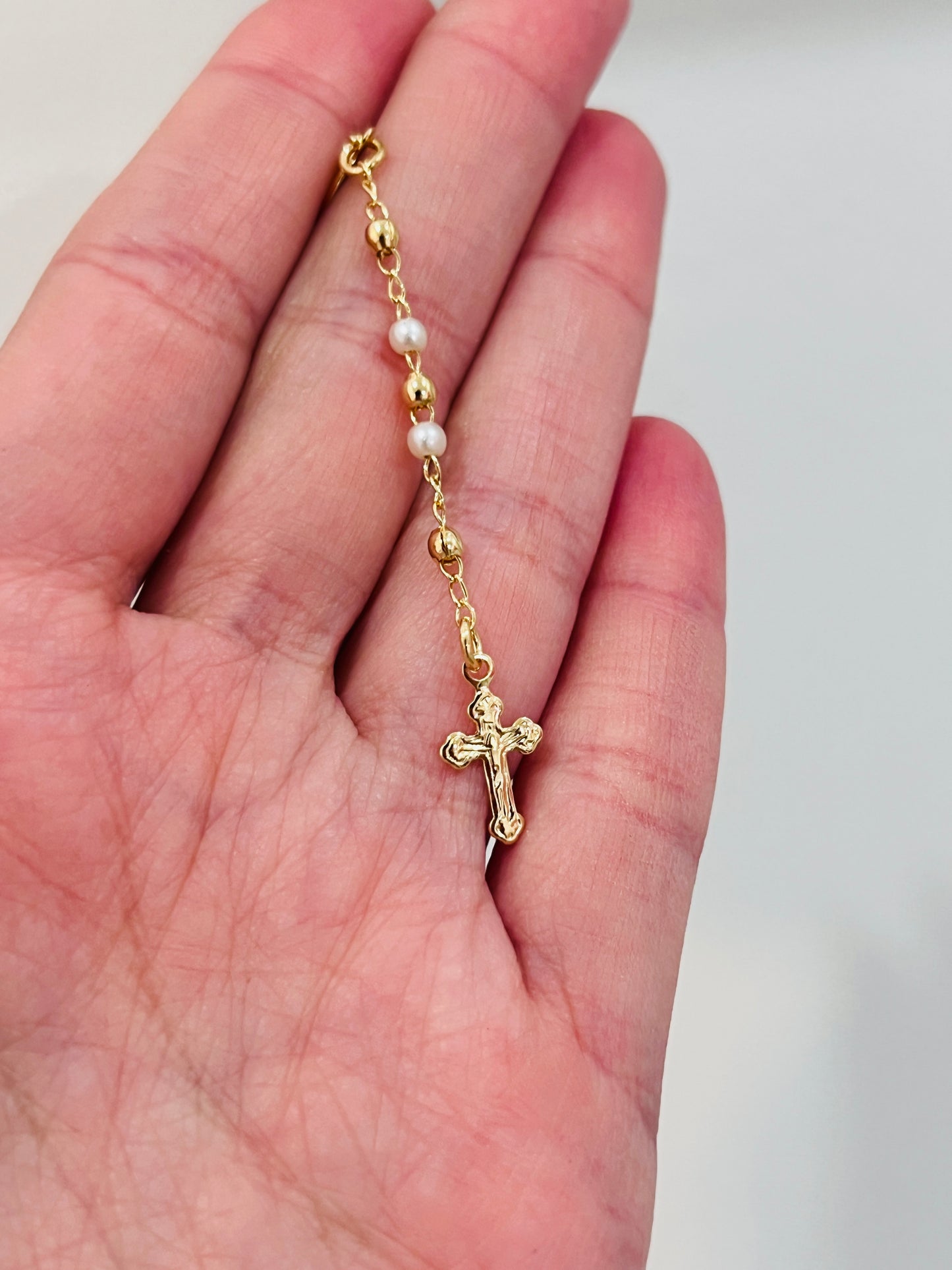 Gold Filled Pearl Rosary Necklace | 16.5" Dainty Cross Pendant Chain