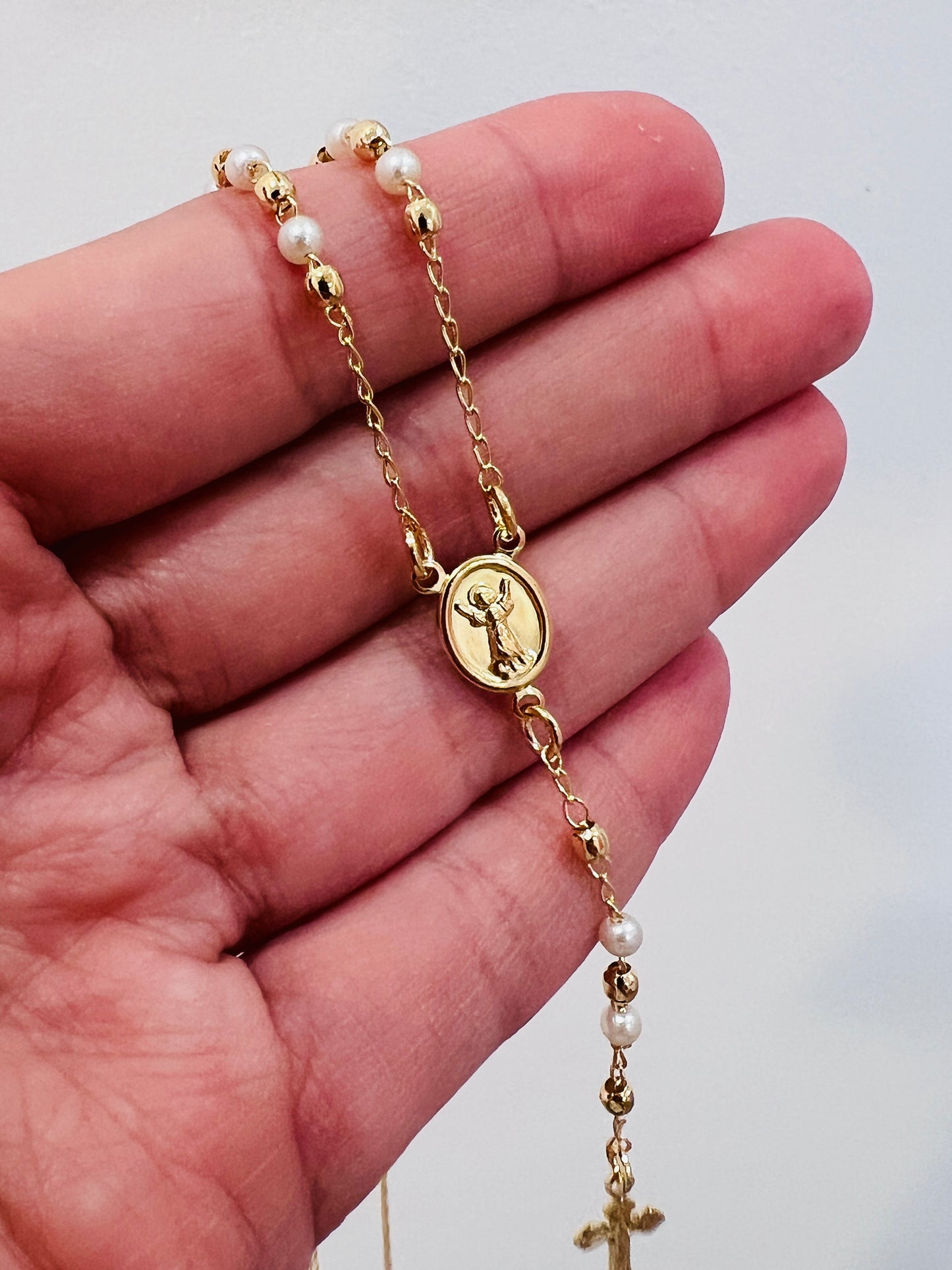 Gold Filled Pearl Rosary Necklace | 16.5" Dainty Cross Pendant Chain