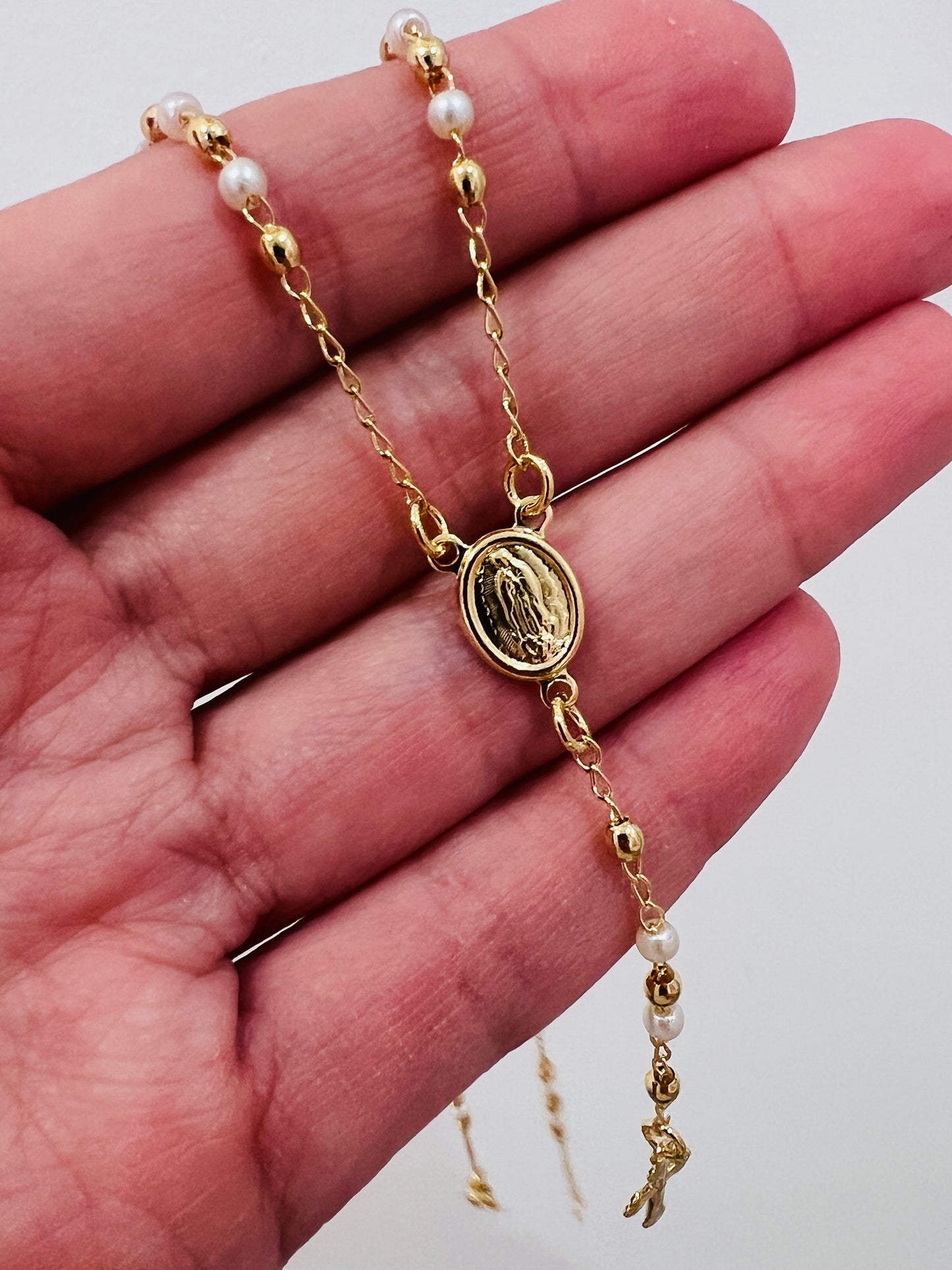 Gold Filled Pearl Rosary Necklace | 16.5" Dainty Cross Pendant Chain