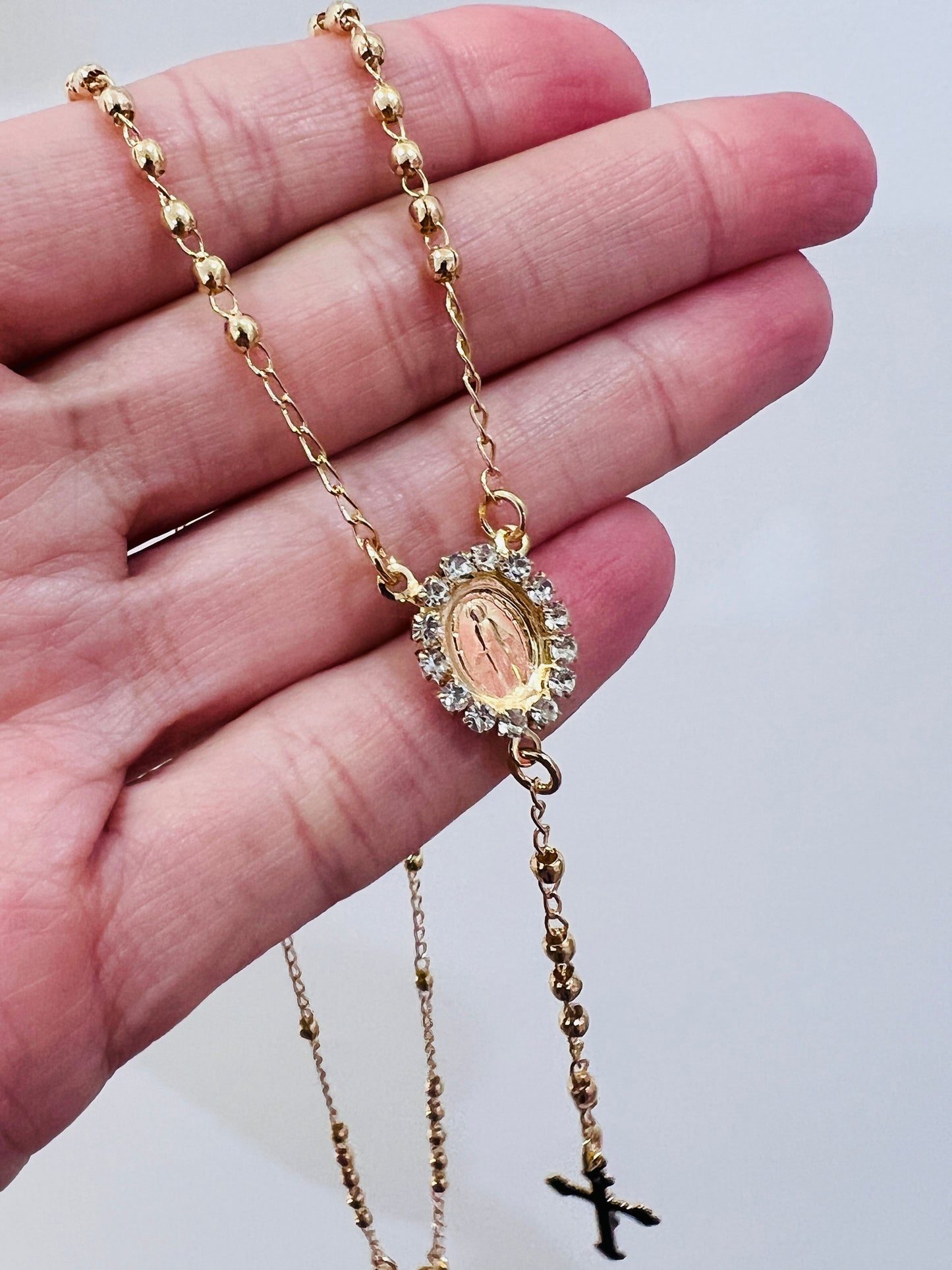 Gold Filled CZ Virgin Mary Rosary Necklace | 18" Our Lady of Guadalupe Chain