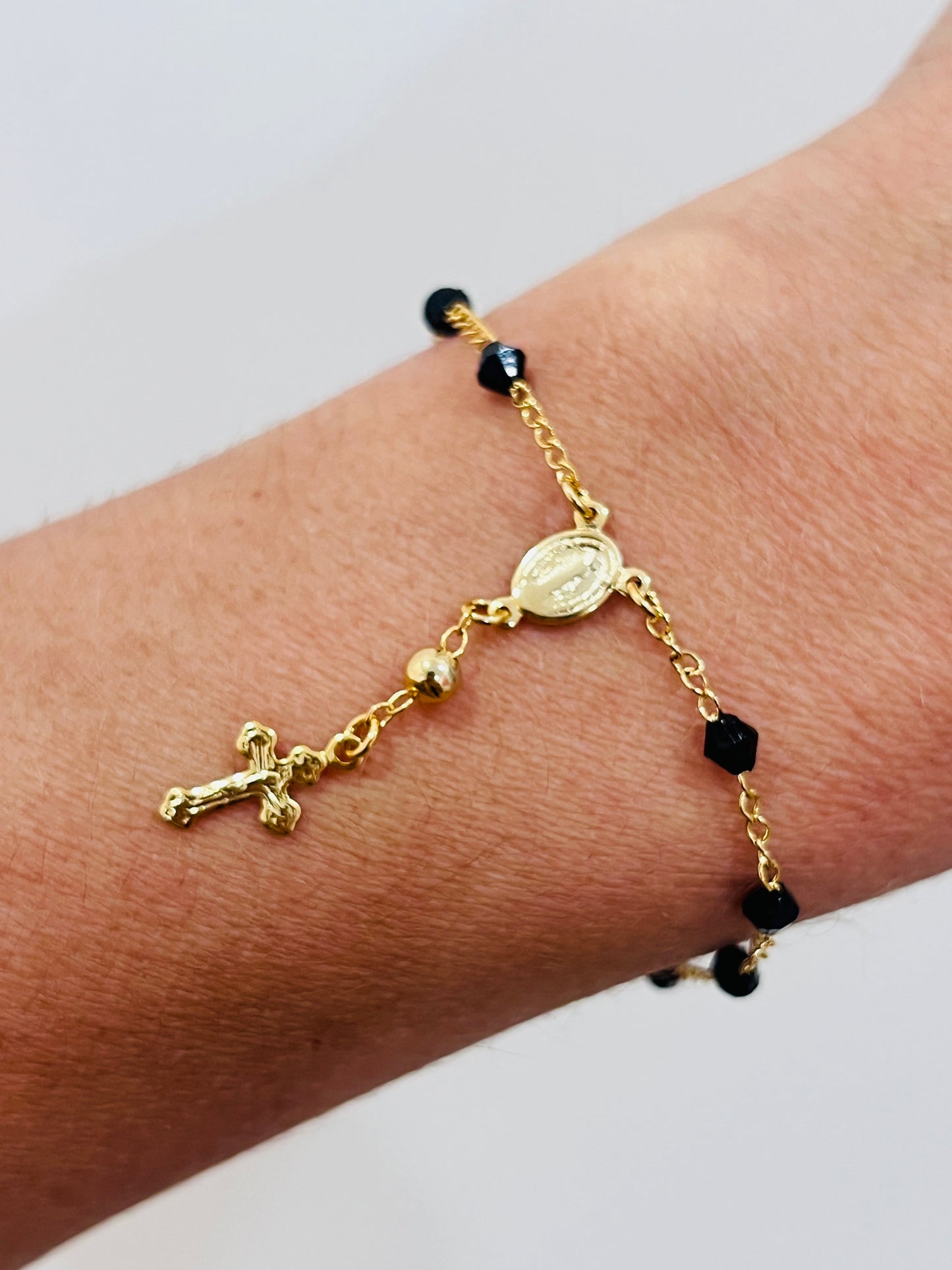 Gold Filled Virgin Mary Black Crystal Rosary Bracelet | Catholic Faith Jewelry